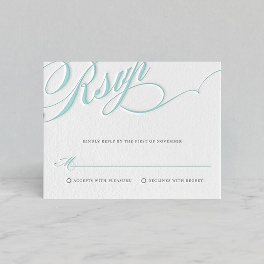 "Winter Flourish" - Letterpress RSVP Cards in Gravel | Turquoise by Annie Clark - Front