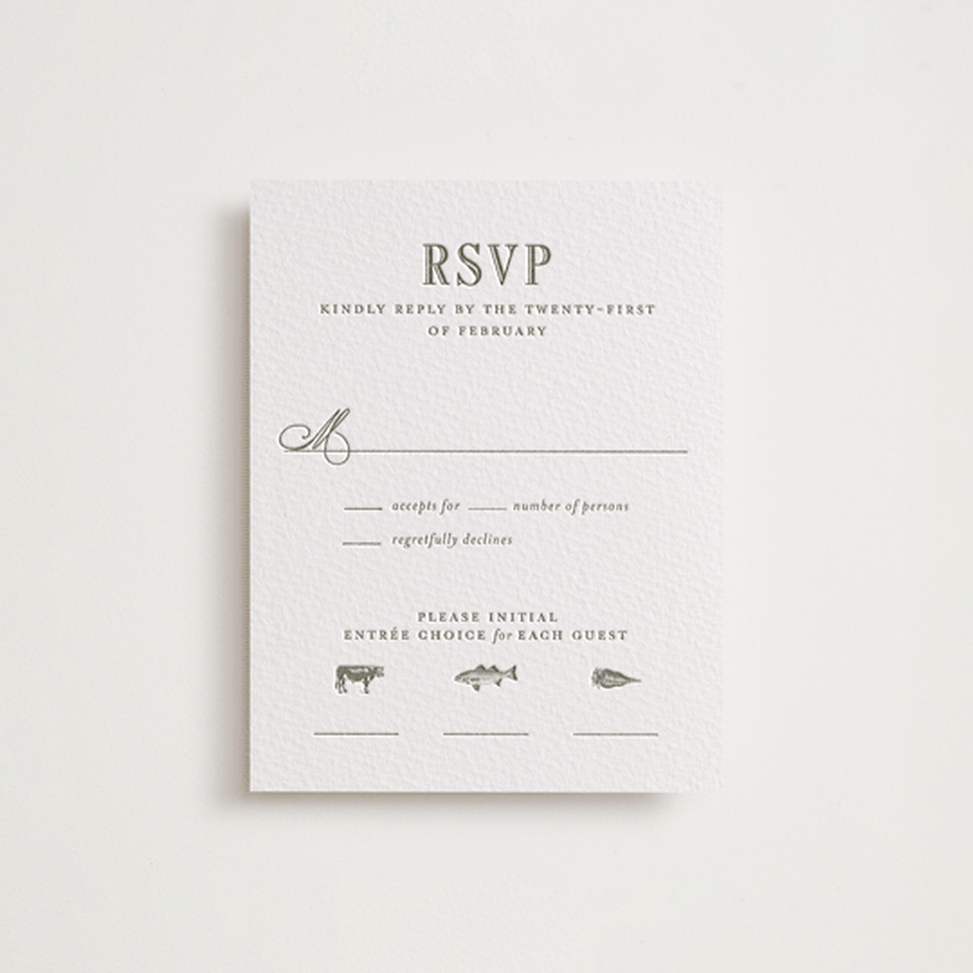 "Hepburn" - Letterpress RSVP Cards in Moss by Megan Davis - Front