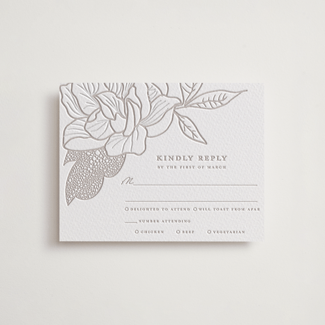 "Botanical Garden" - Letterpress RSVP Cards in Dove Grey | Blind Deboss by Kaydi Bishop - Front