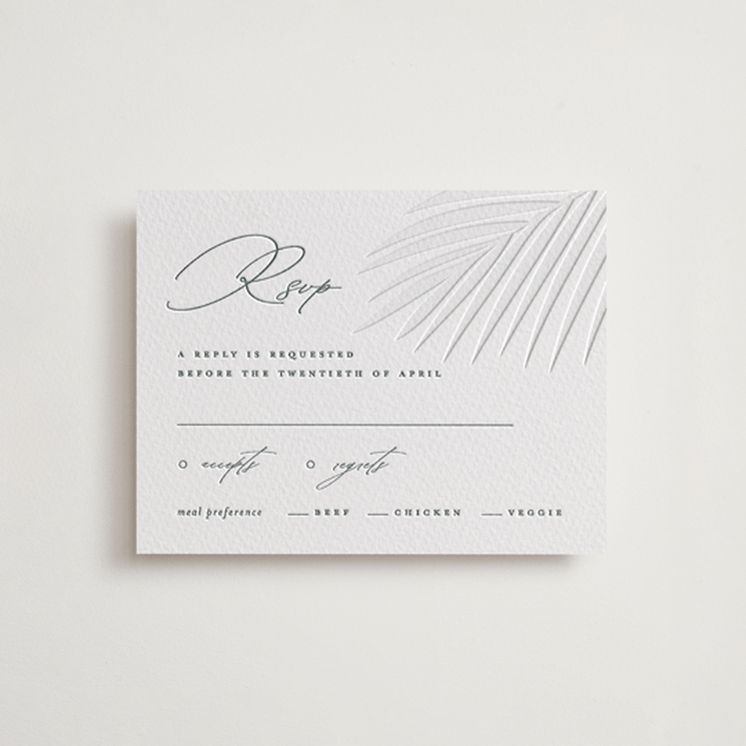 "Faded Palm" - Letterpress RSVP Cards in Stone by Lauren Chism - Front