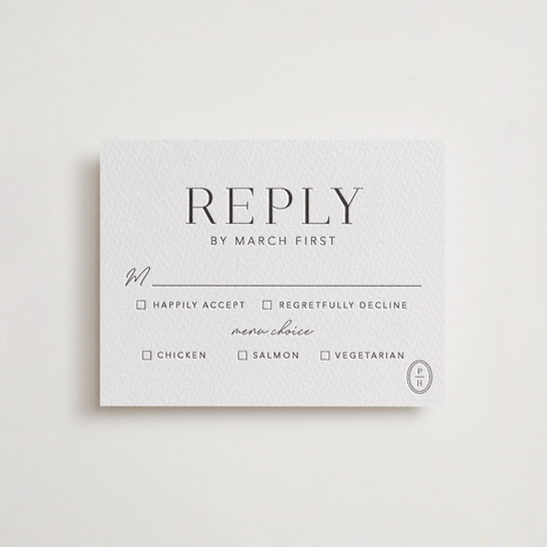 "Cosmopolitan" - Letterpress RSVP Cards in Soft Black by Meagan Christensen - Front