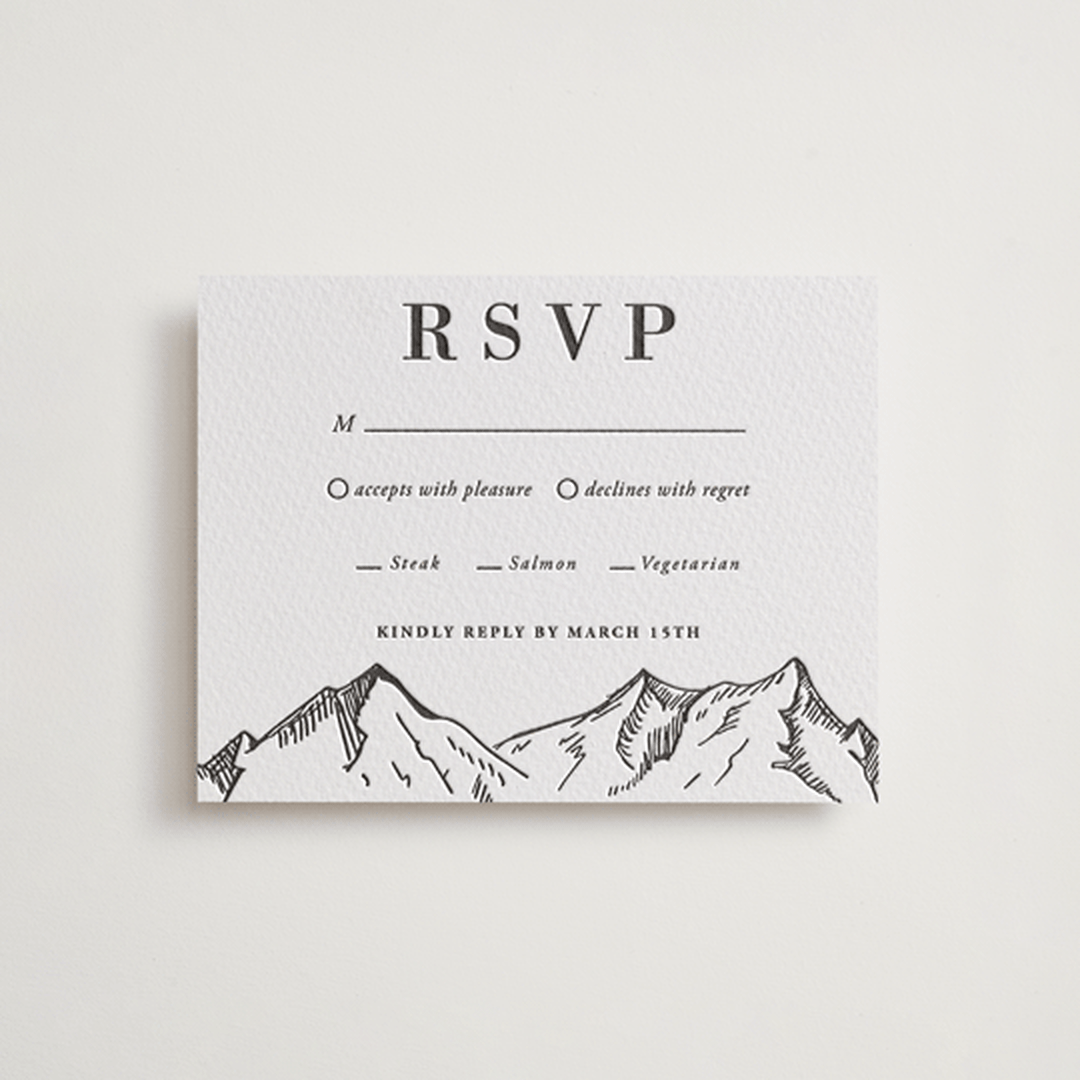 "Etched Mountain" - Letterpress RSVP Cards in Soft Black by Winston Latchman - Front