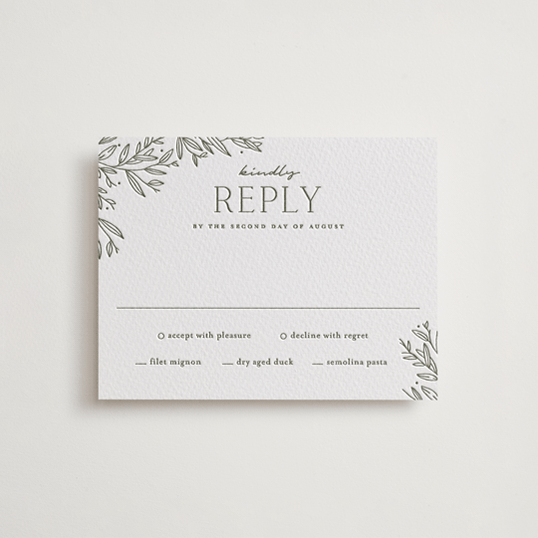 "Beauty of Nature" - Letterpress RSVP Cards in Moss by Oscar and Emma - Karly Depew - Front