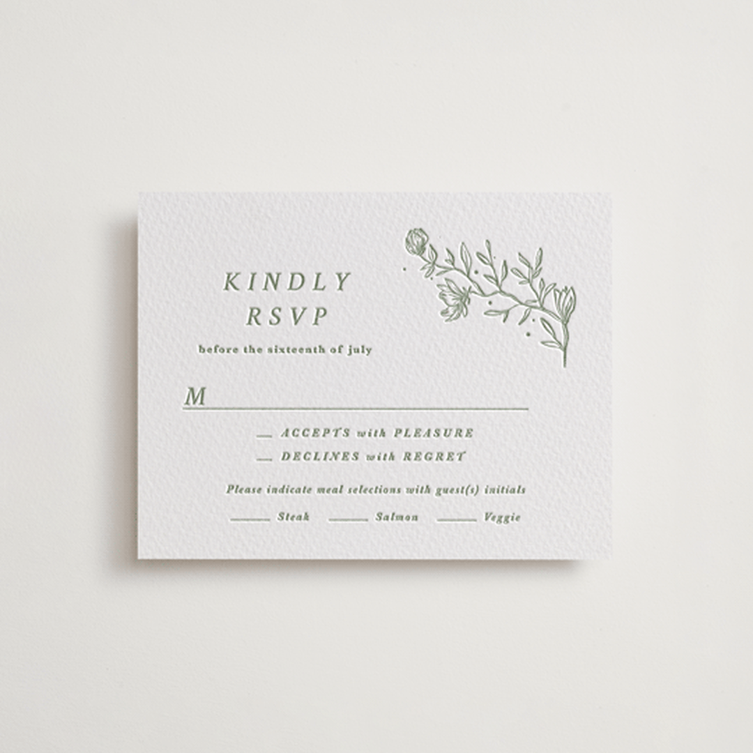 "Magnolia" - Letterpress RSVP Cards in Mint by Camille Robinson - Front