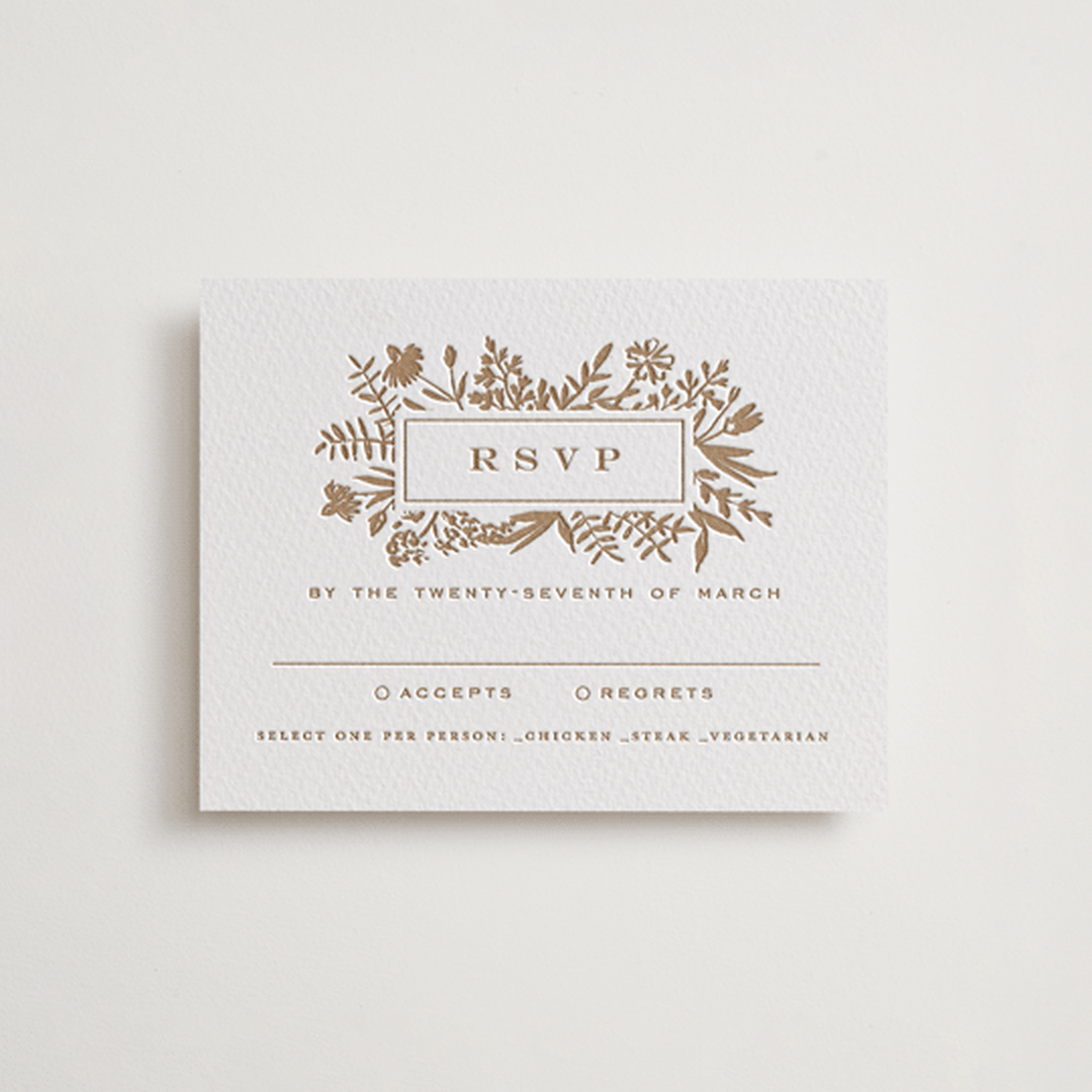 "Morning Fields" - Letterpress RSVP Cards in Matte Gold by Amy Kross - Front