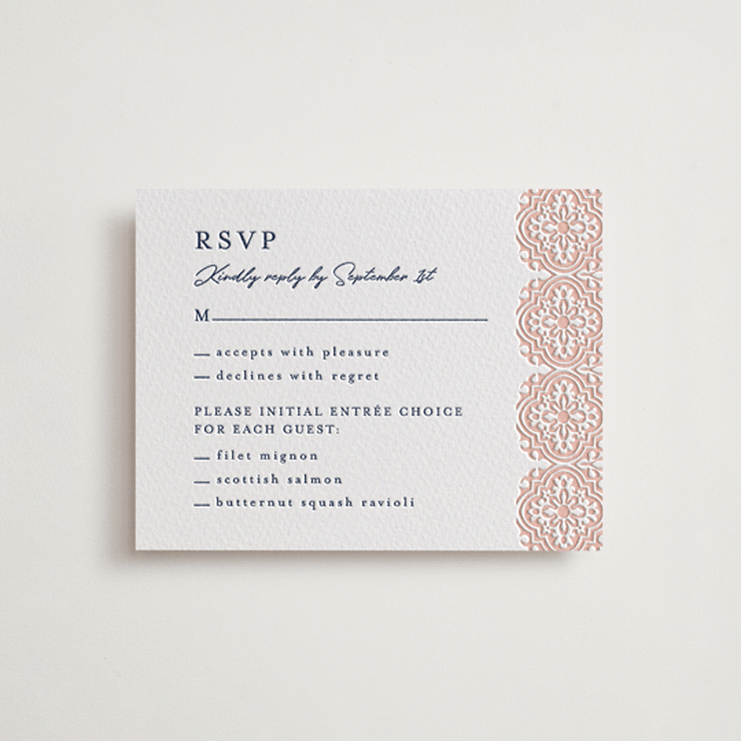 "Tiles" - Letterpress RSVP Cards in Matte Gold | Aegean | Nude by Juliana Zimmermann - Front