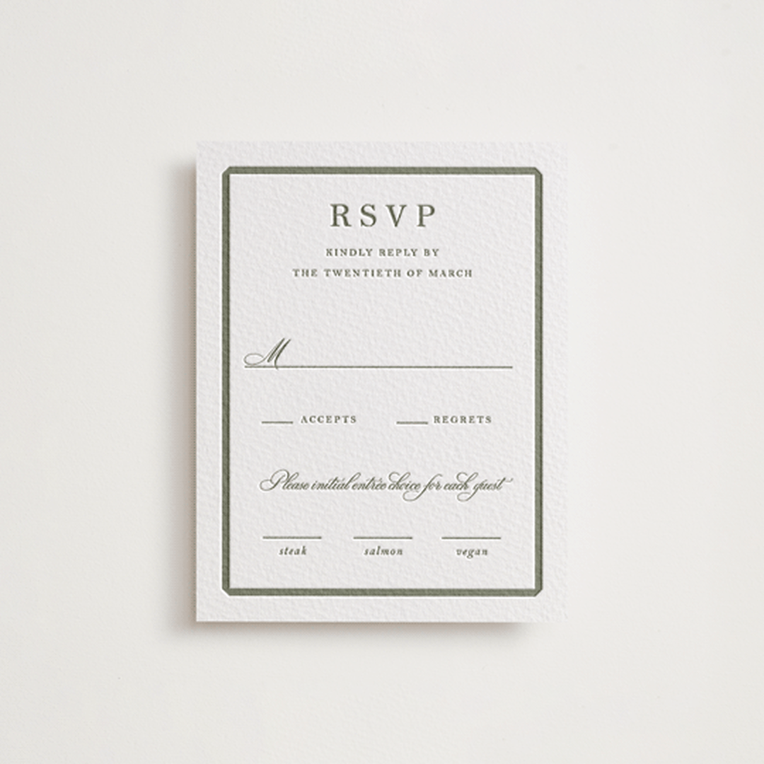 "Bevel" - Letterpress RSVP Cards in Moss by Megan Davis - Front