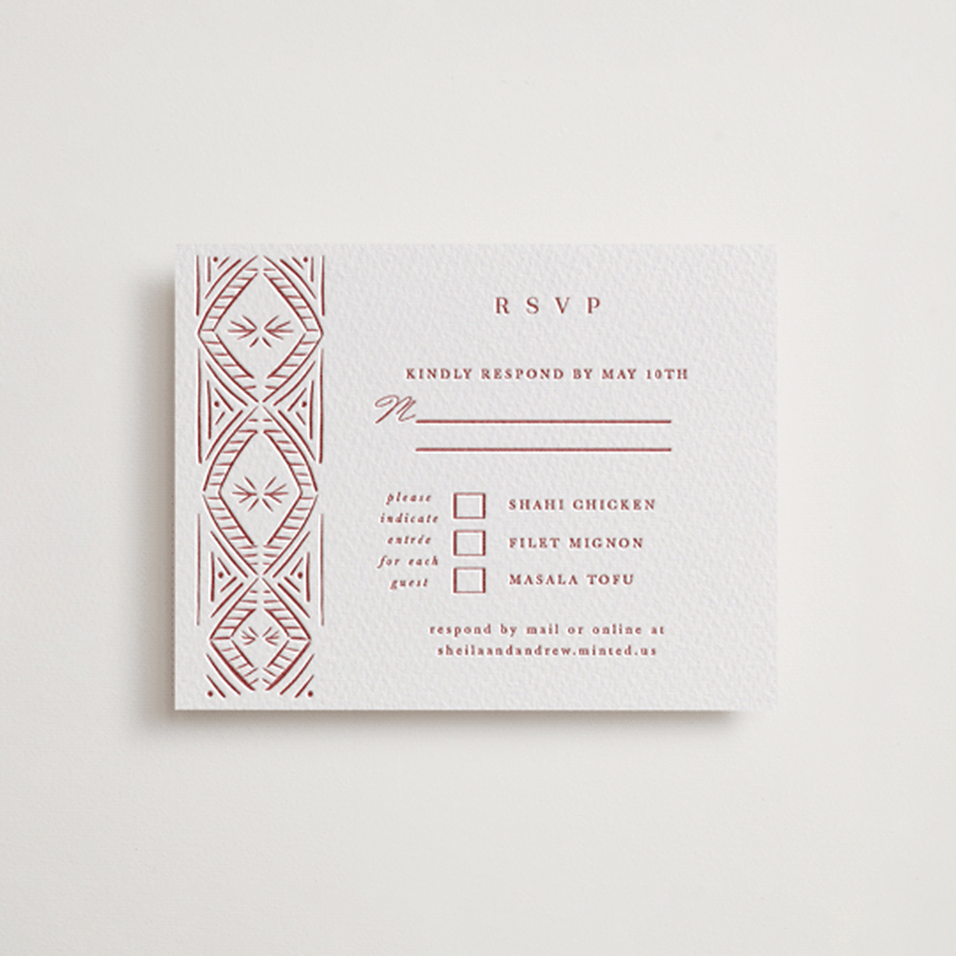 "Taj" - Letterpress RSVP Cards in Rosewood by Kanika Mathur - Front