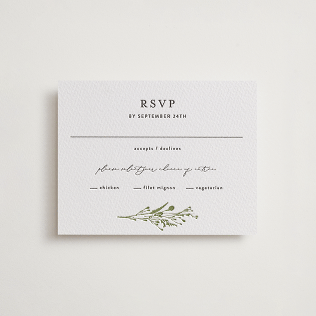 "Gathered" - Letterpress RSVP Cards in Pistachio | Soft Black by Susan Moyal - Front
