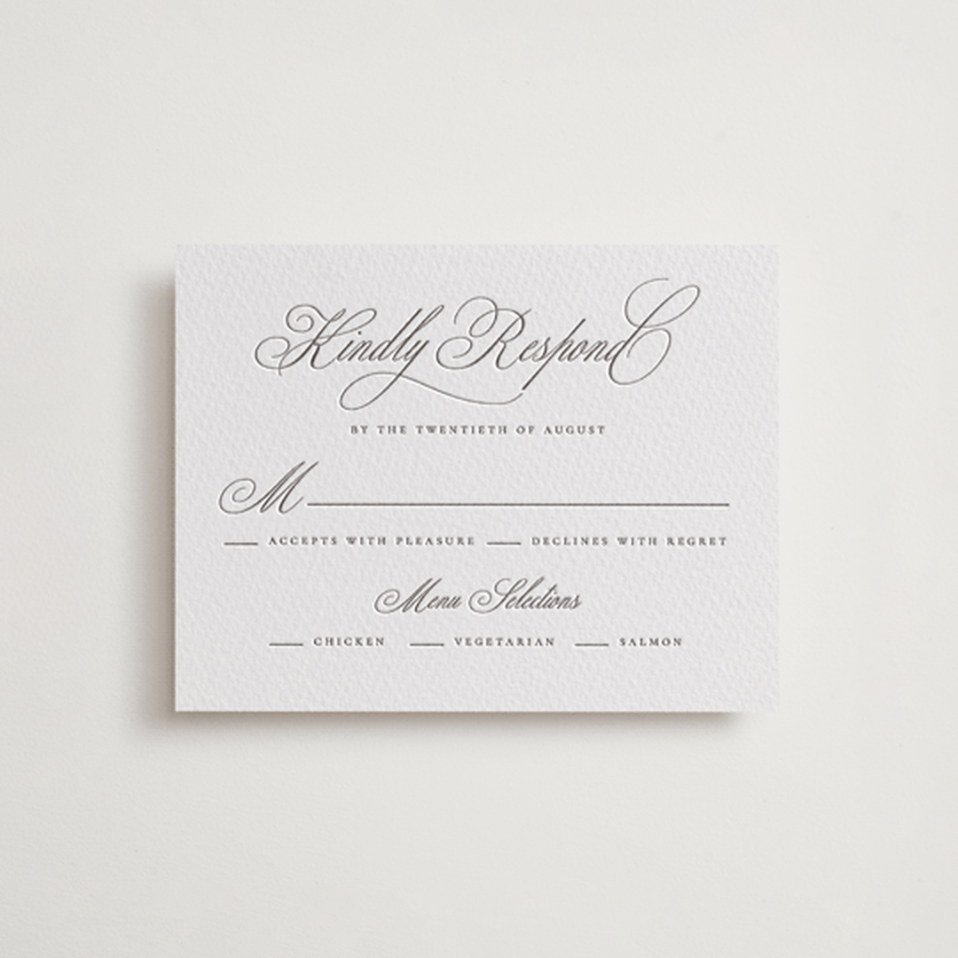 "Calligraphie" - Letterpress RSVP Cards in Graphite by Wildfield Paper Co - Front