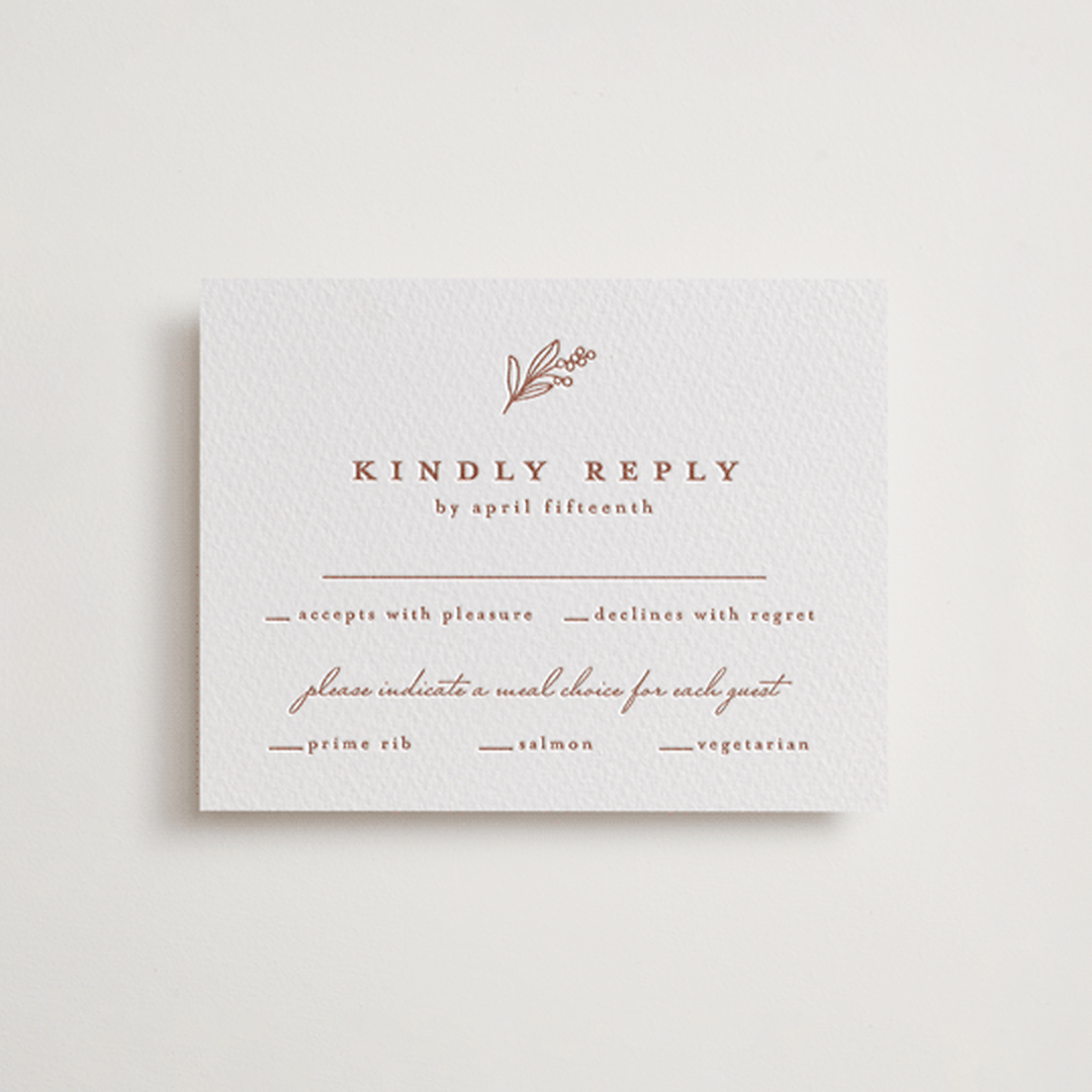 "Pressed Botanicals" - Letterpress RSVP Cards in Burnt Rose by Heather Cairl - Front
