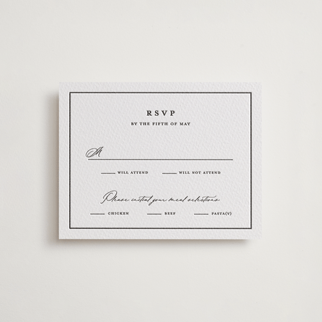 "Heritage" - Letterpress RSVP Cards in Soft Black by Stacey Meacham - Front