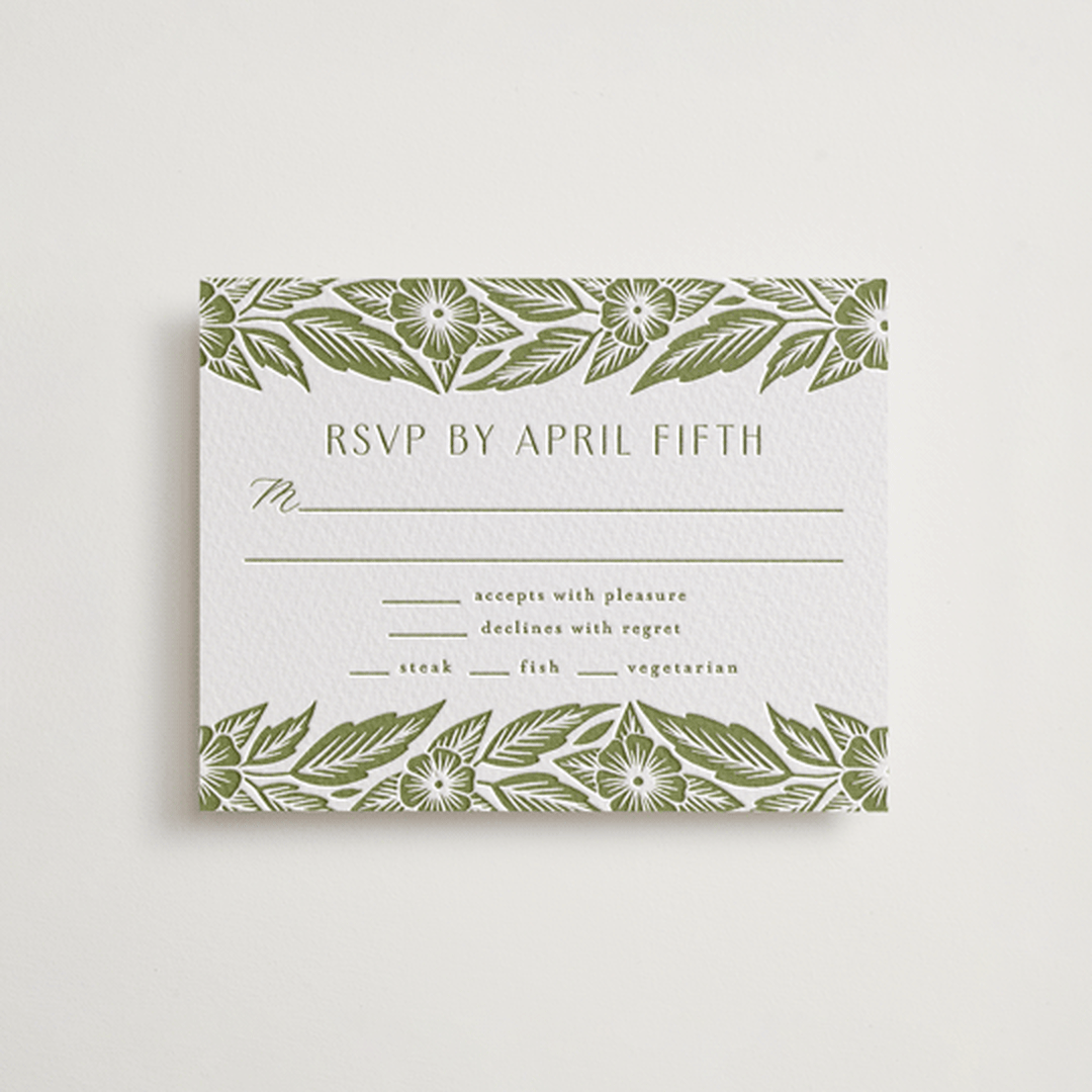 "Printed Floral" - Letterpress RSVP Cards in Pistachio by Katharine Watson - Front