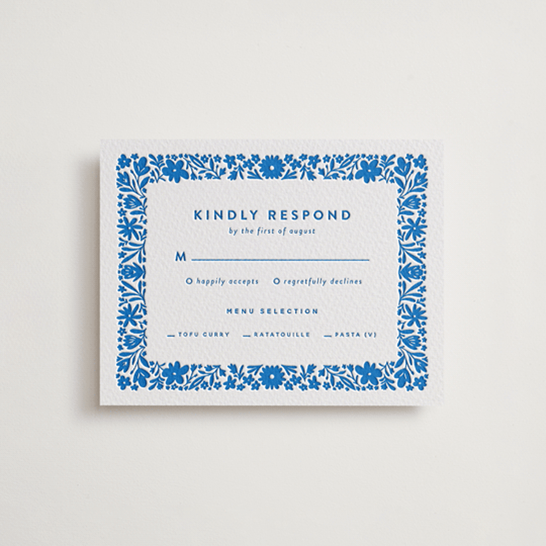 "floral stamp" - Letterpress RSVP Cards in Sapphire by Stephanie Hawkes - Front
