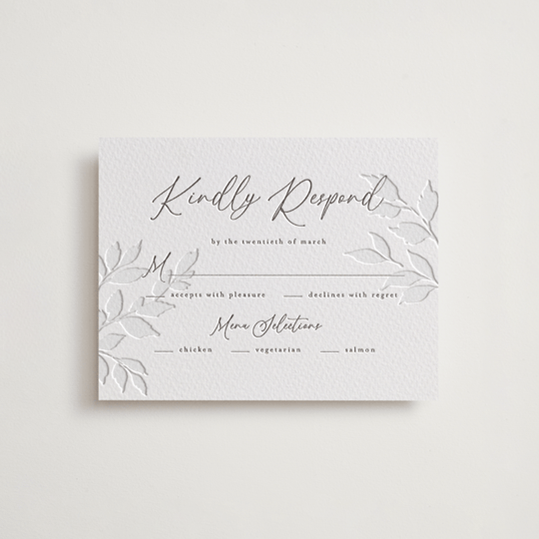 "Vine" - Letterpress RSVP Cards in Warm Gray by Wildfield Paper Co - Front