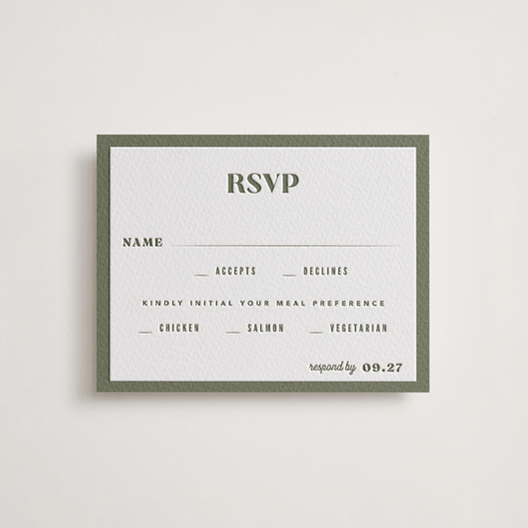 "Sequoia" - Letterpress RSVP Cards in Moss by Robert and Stella - Front