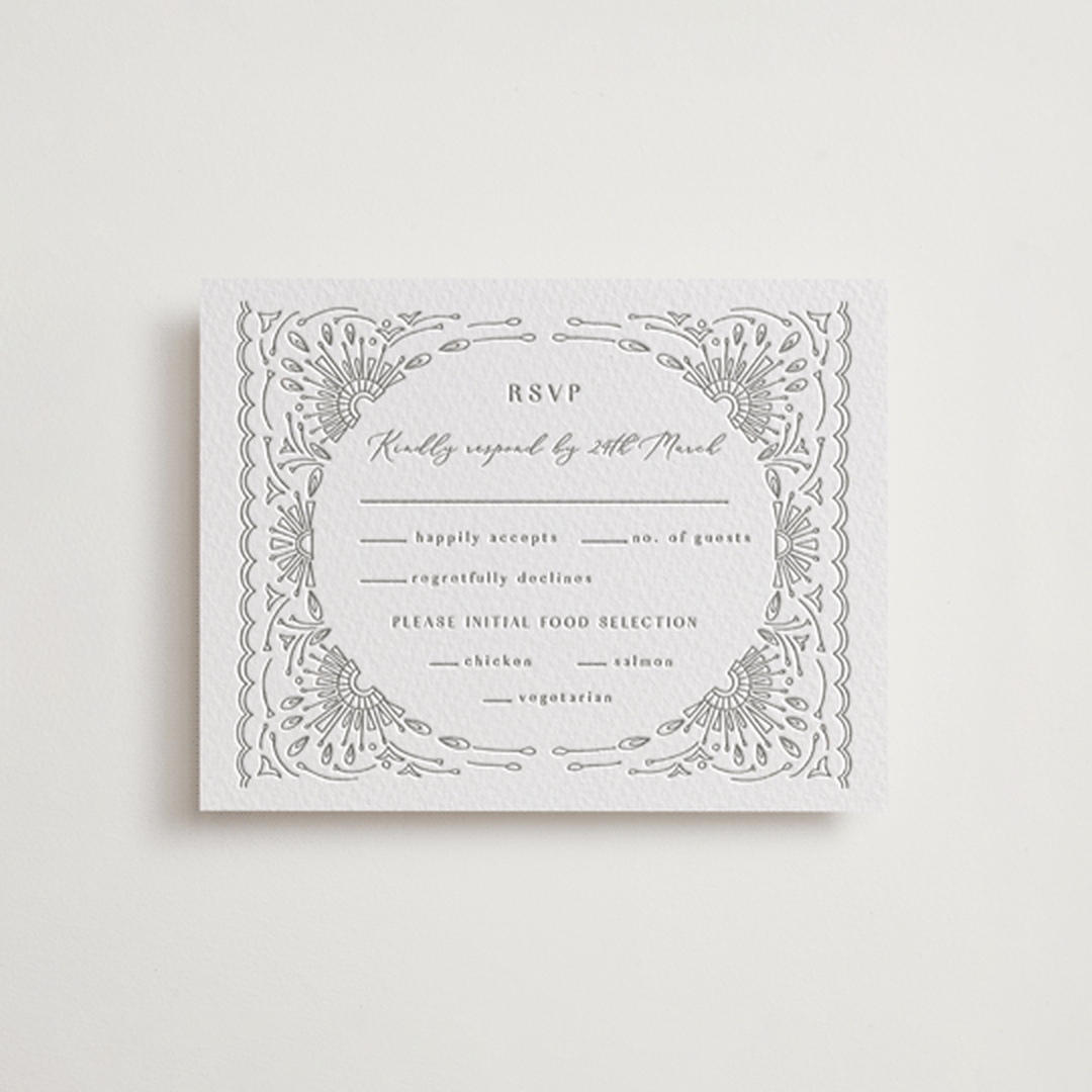 "Splendor" - Letterpress RSVP Cards in Ash by Devika Keskar - Front