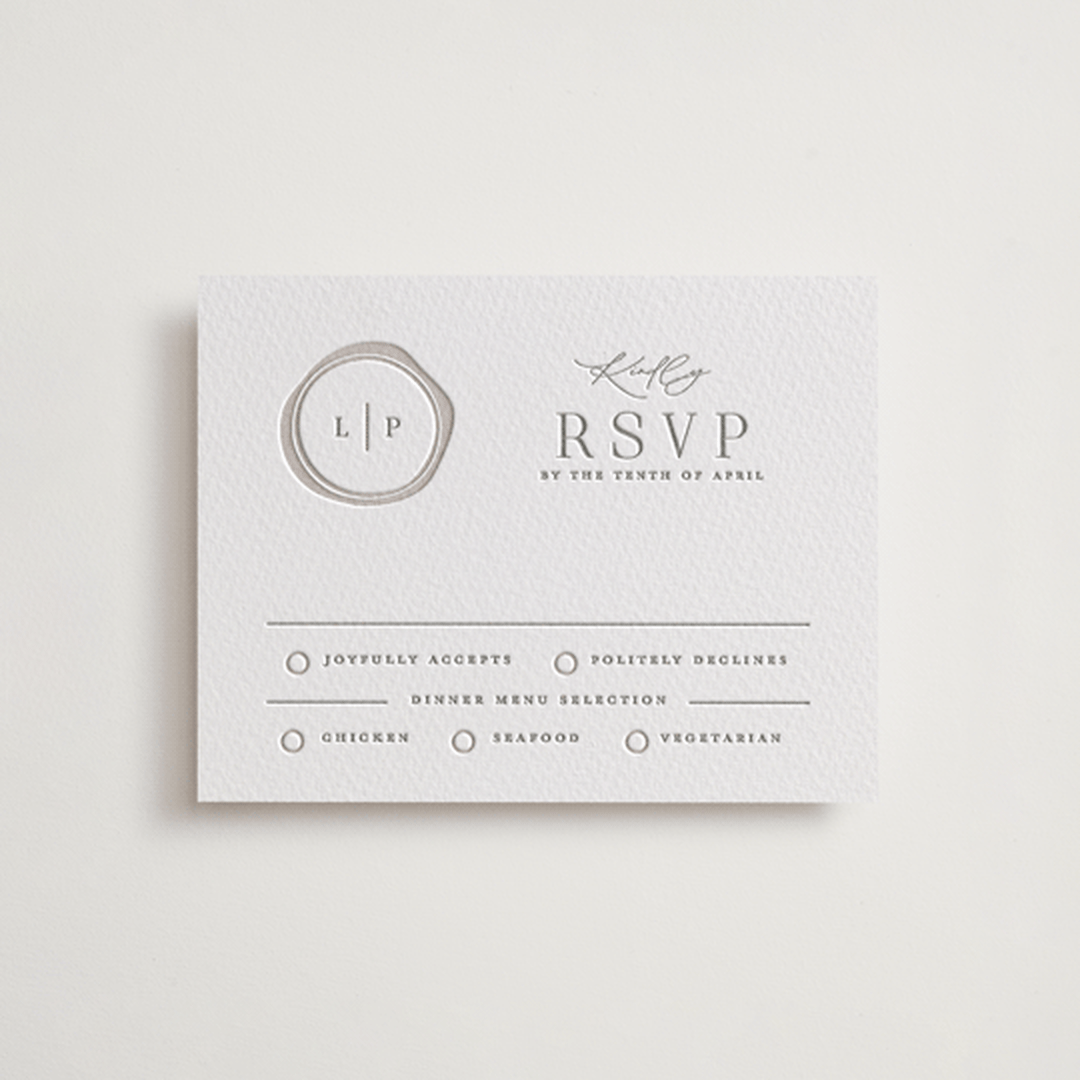 "Wax Seal Monogram" - Letterpress RSVP Cards in Ash by Carolyn MacLaren - Front