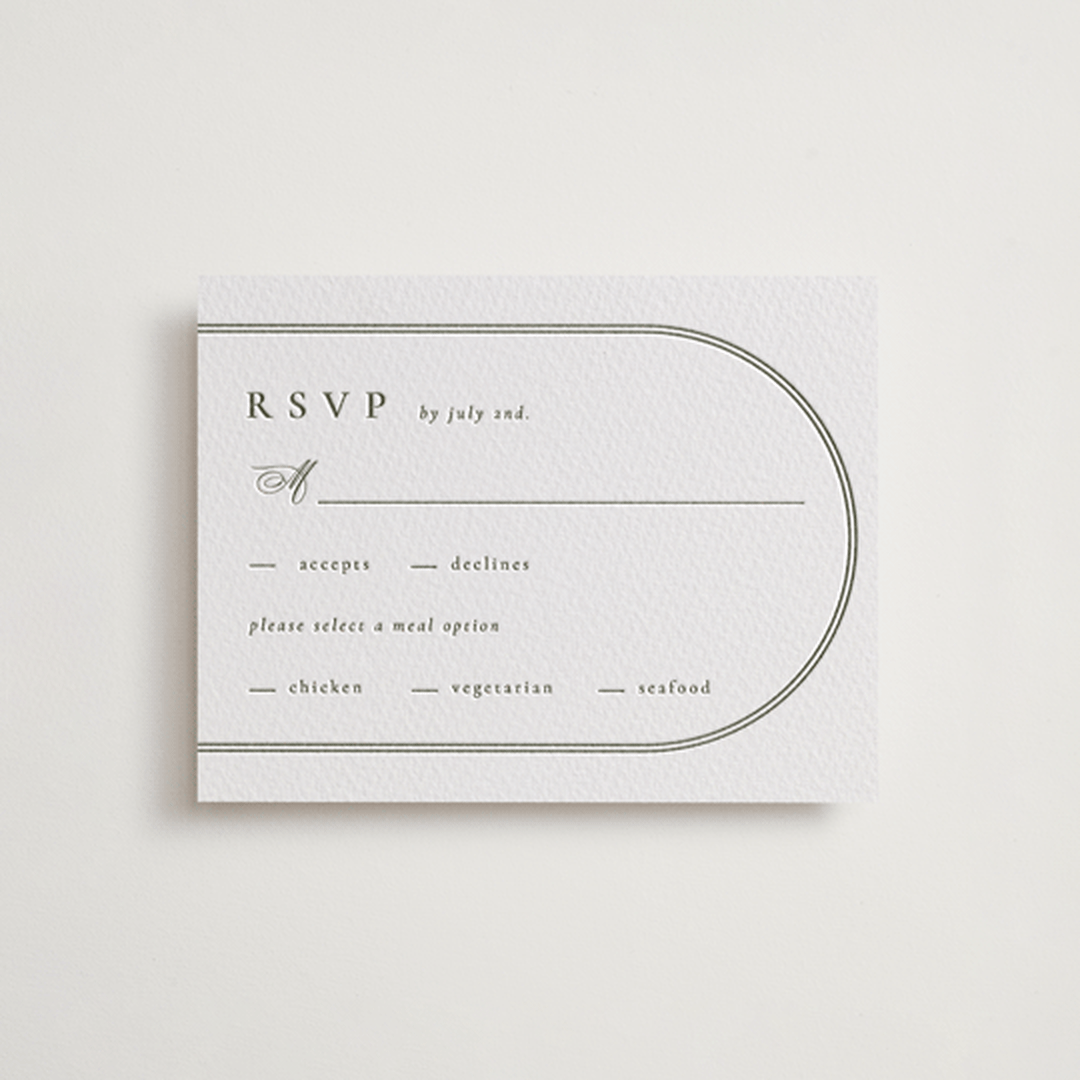 "Classic Arch" - Letterpress RSVP Cards in Moss by Corinne Malesic - Front