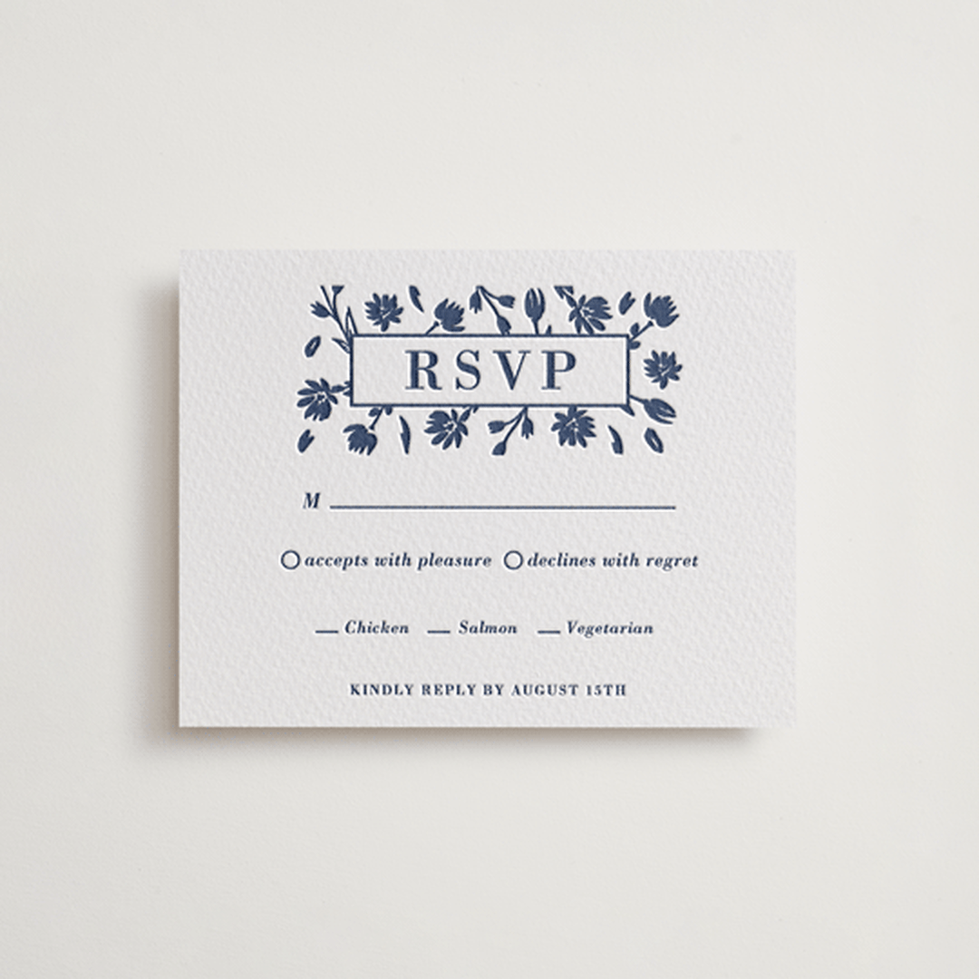 "Pressed Frame" - Letterpress RSVP Cards in Aegean by Oma N. Ramkhelawan - Front