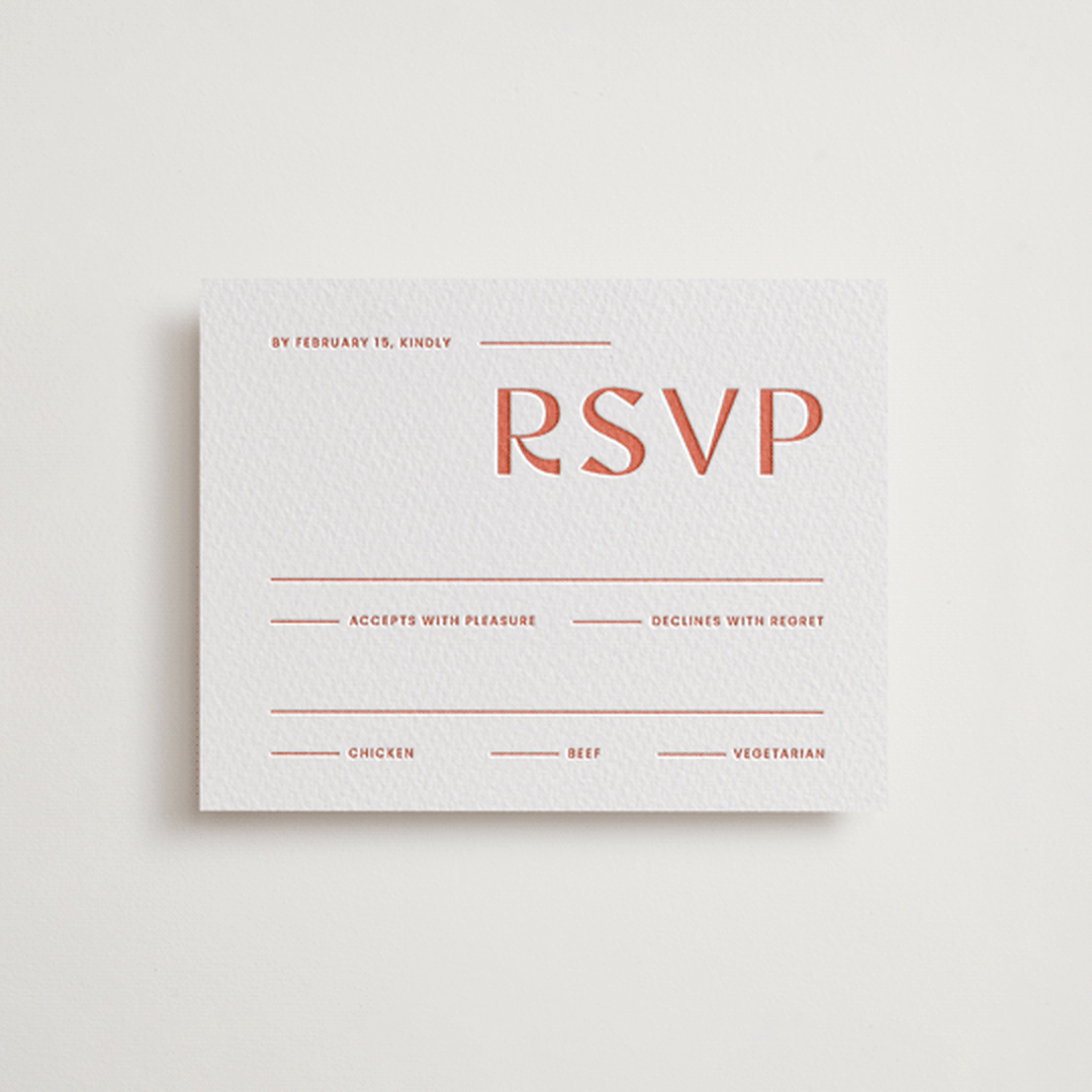 "Boldly" - Letterpress RSVP Cards in Neon Orange by Blustery August - Front