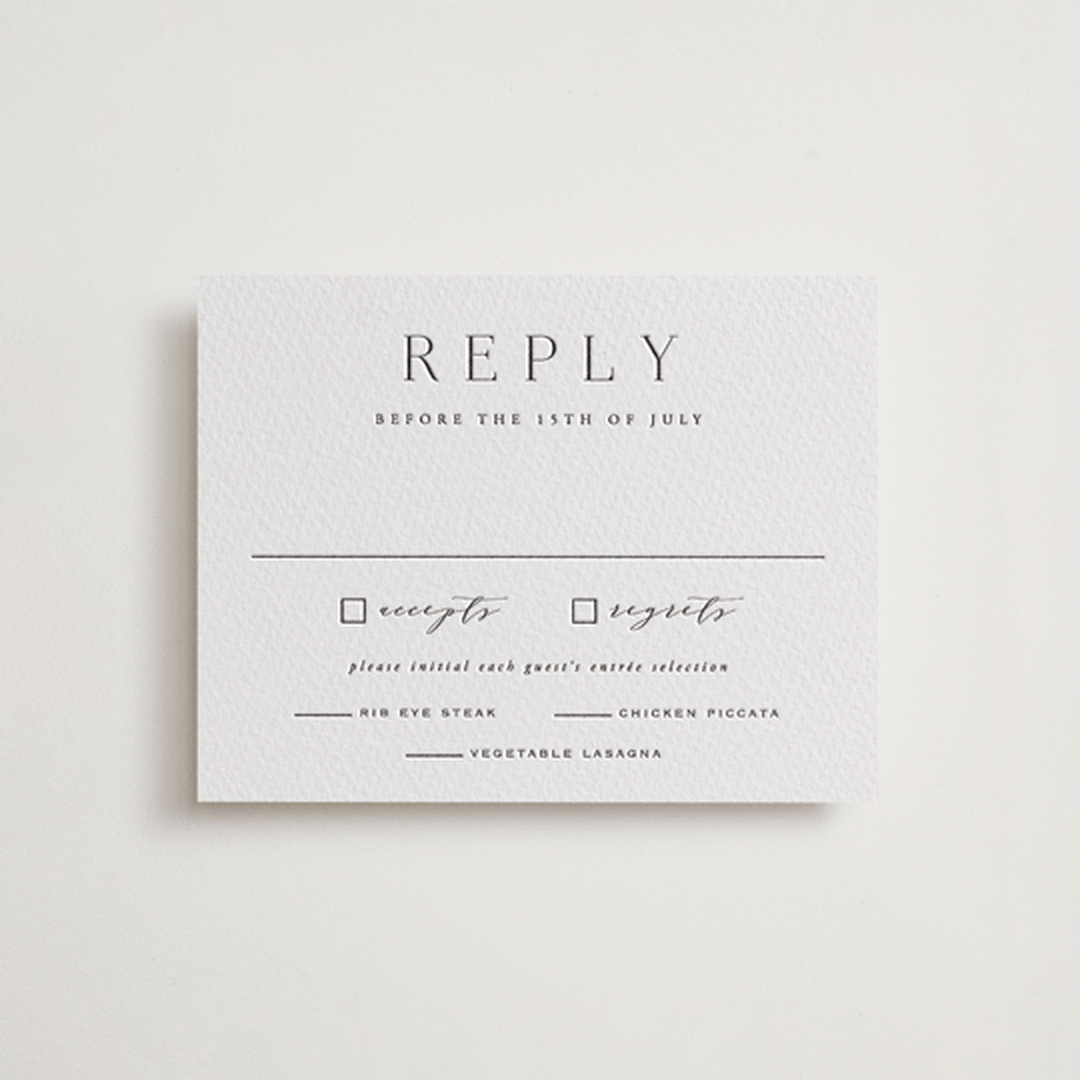 "Classy Type" - Letterpress RSVP Cards in Soft Black by Hooray Creative - Front