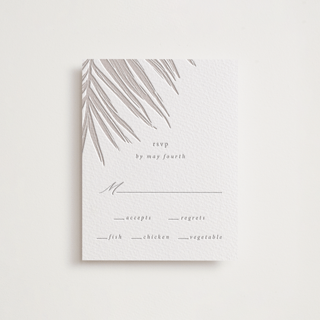 "Gilded Palm" - Letterpress RSVP Cards in Ash by Melinda Denison - Front