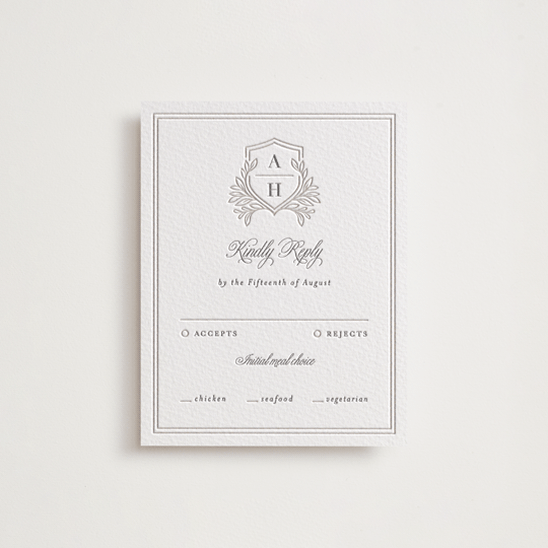 "Chic Monogram" - Letterpress RSVP Cards in Cement by Mansi Verma - Front