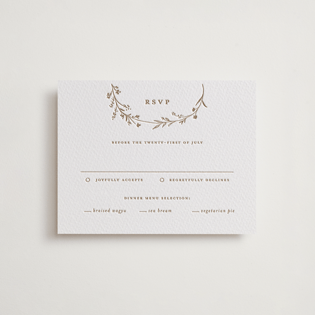 "Mille-feuille" - Letterpress RSVP Cards in Matte Gold by chocomocacino - Front