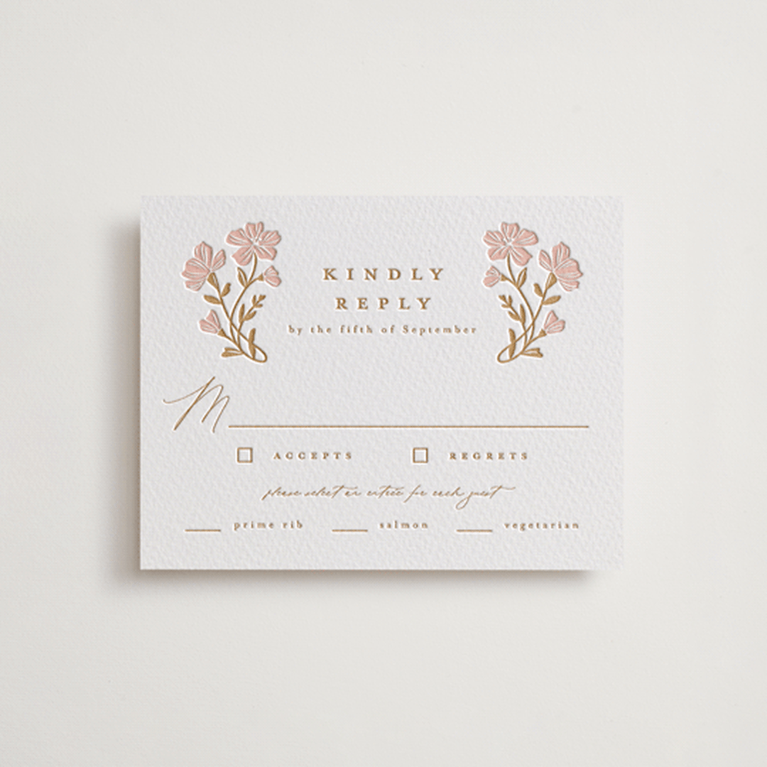 "Mirror Floral" - Letterpress RSVP Cards in Faux Gold by Everett Paper Goods - Front