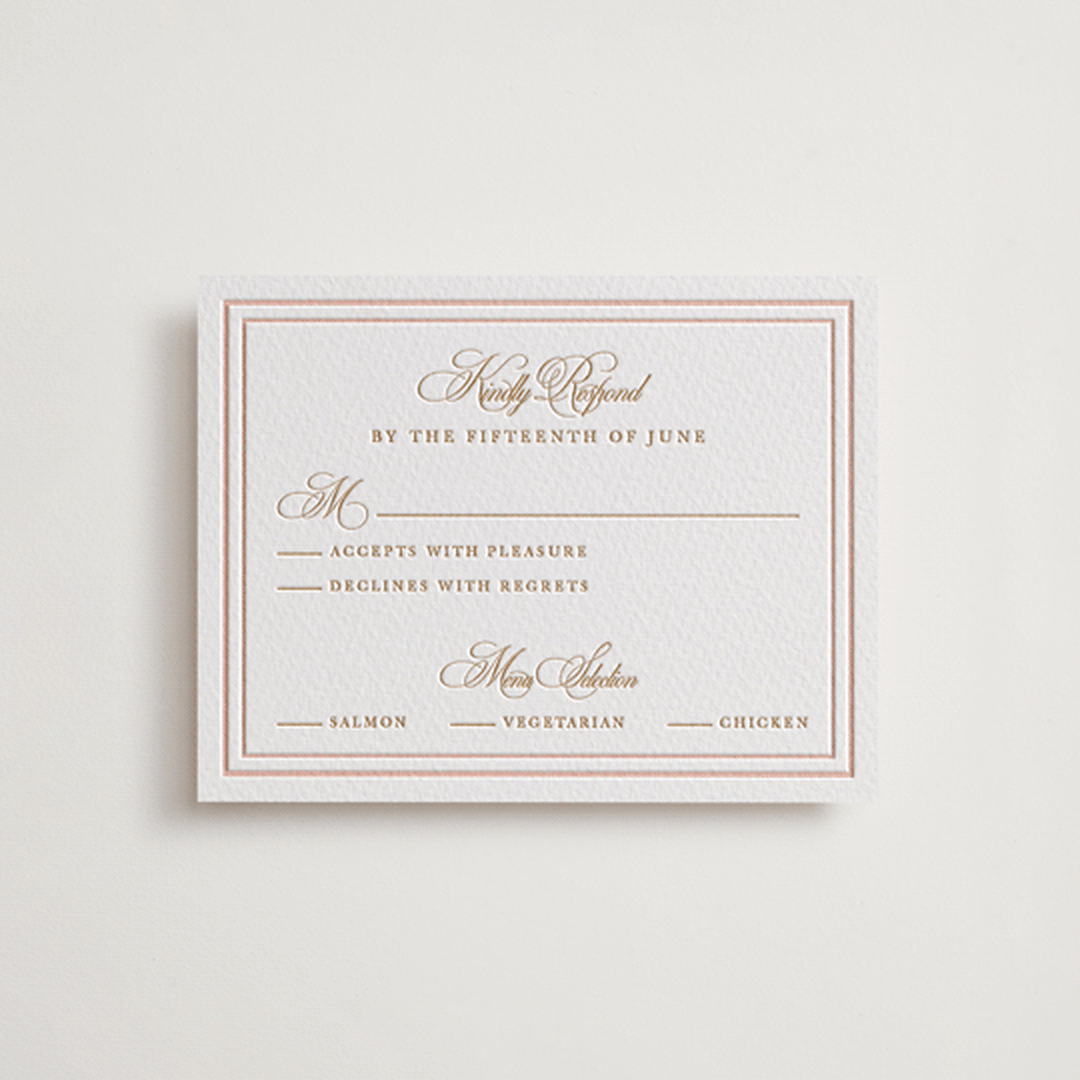 "Ornate Frame" - Letterpress RSVP Cards in Faux Gold by Mansi Verma - Front