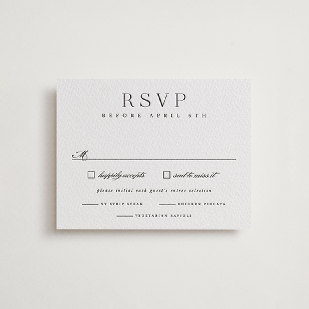 "Classic Serif" - Letterpress RSVP Cards in Soft Black by Hooray Creative - Front