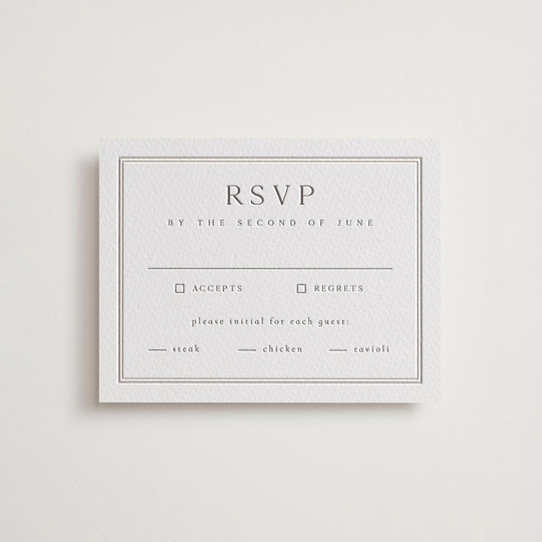 "Formal Serif" - Letterpress RSVP Cards in Dove Grey by Nicole Walsh - Front