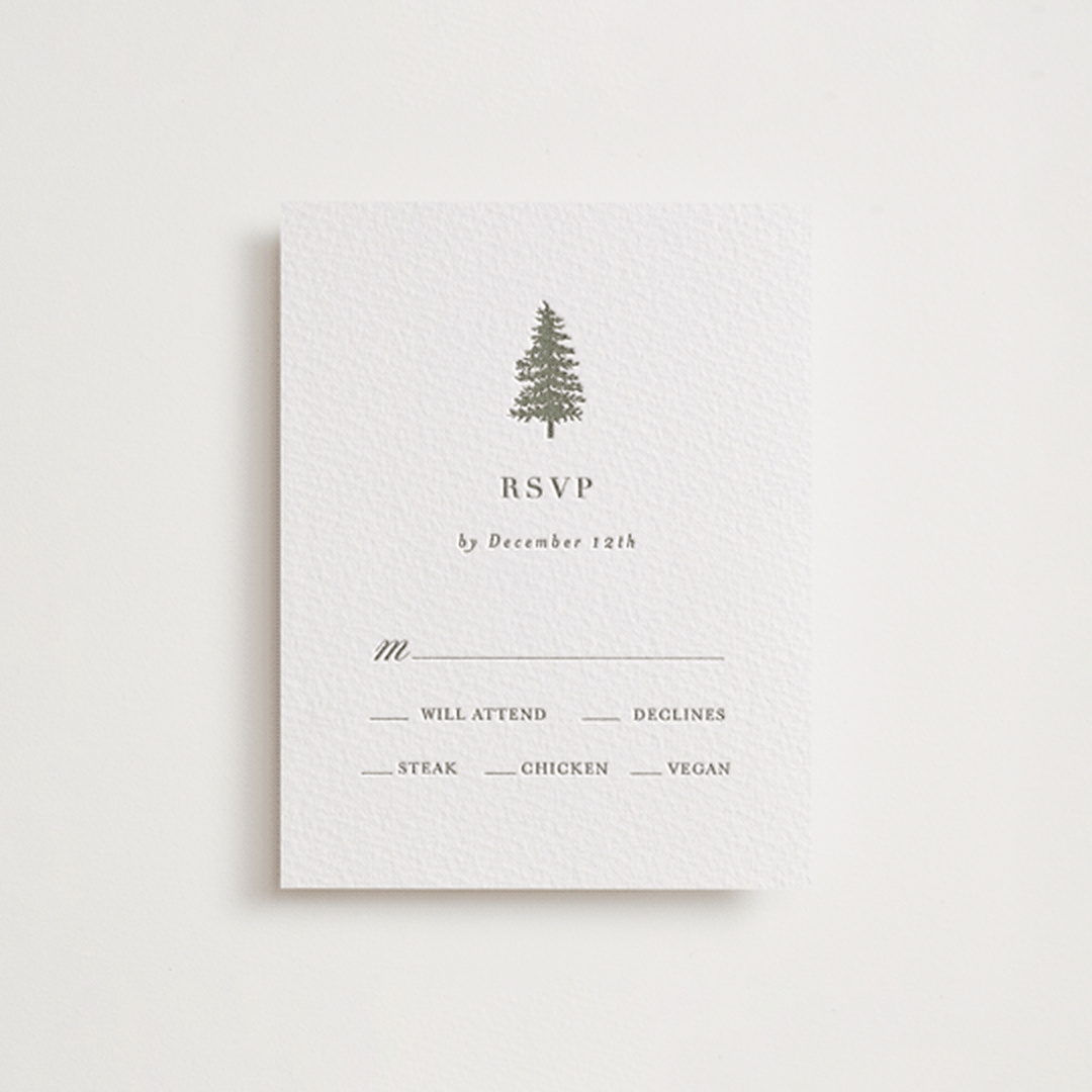 "Evergreens" - Letterpress RSVP Cards in Olive by Itsy Belle Studio - Front