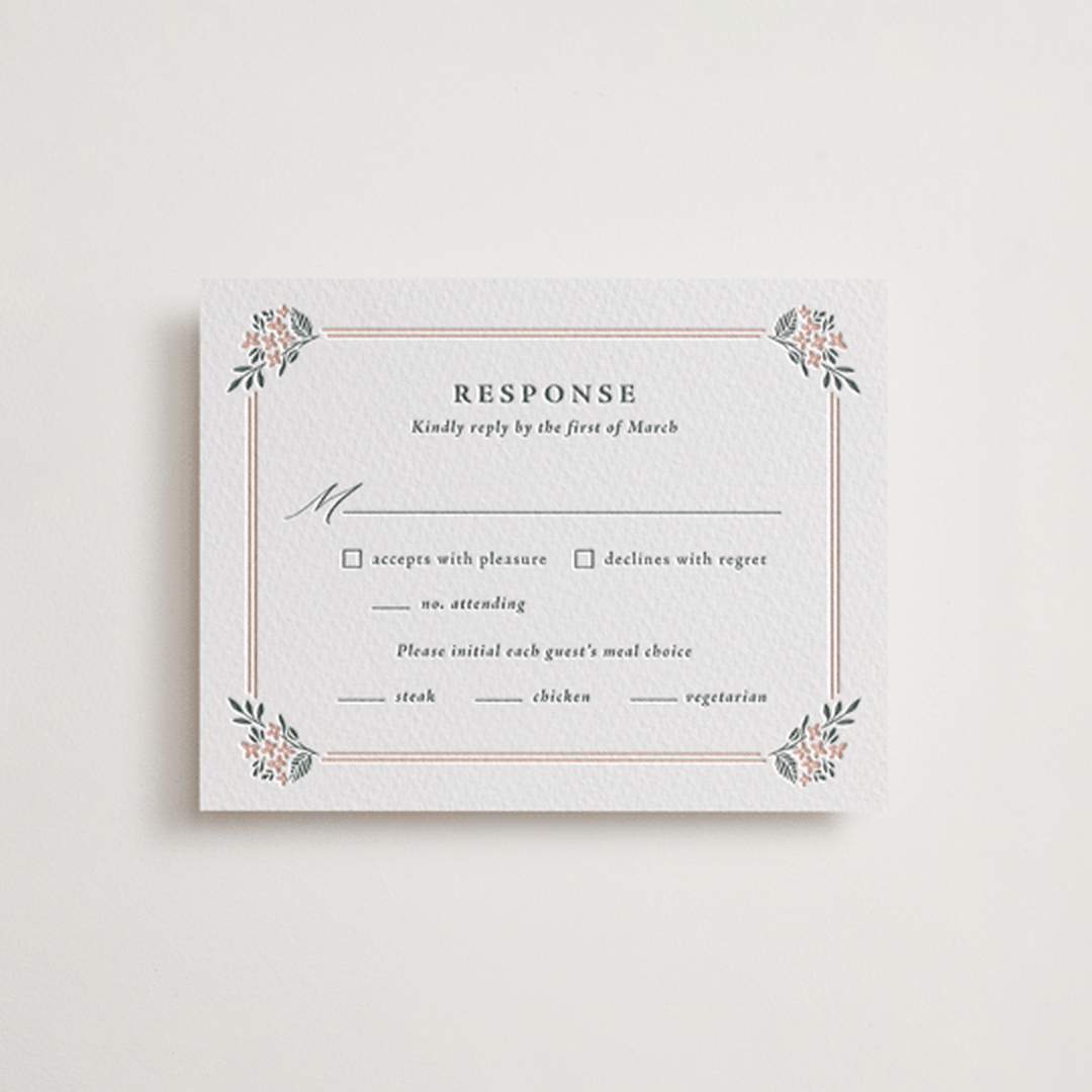 "Flourishing Crest" - Letterpress RSVP Cards in Stone by Olivia Raufman - Front