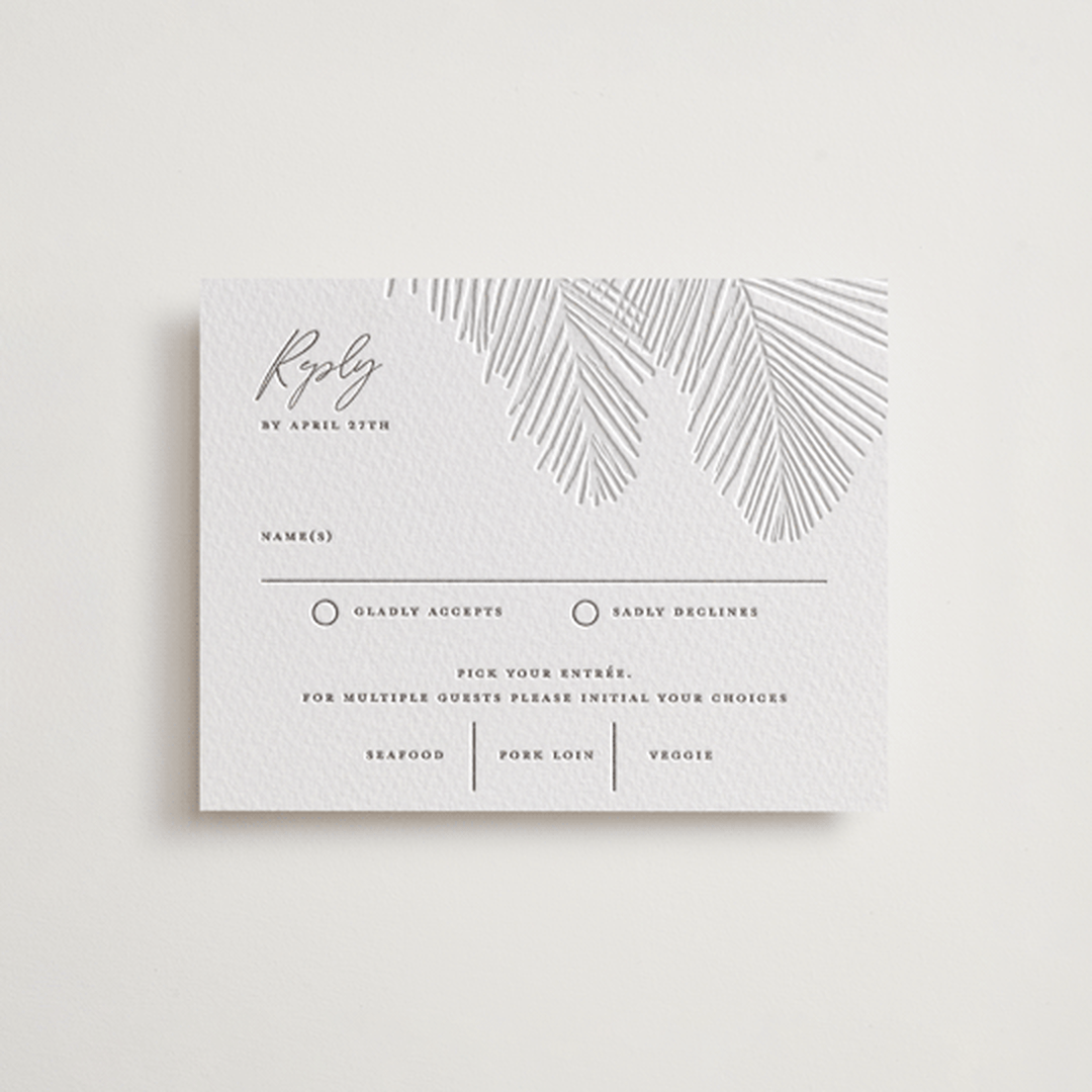 "Palm Arbor" - Letterpress RSVP Cards in Graphite by Owl and Toad - Front