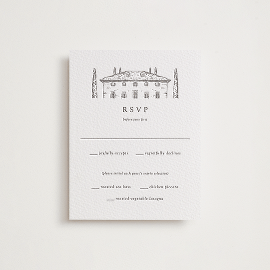 "Italian Countryside" - Letterpress RSVP Cards in Warm Gray by Melinda Denison - Front