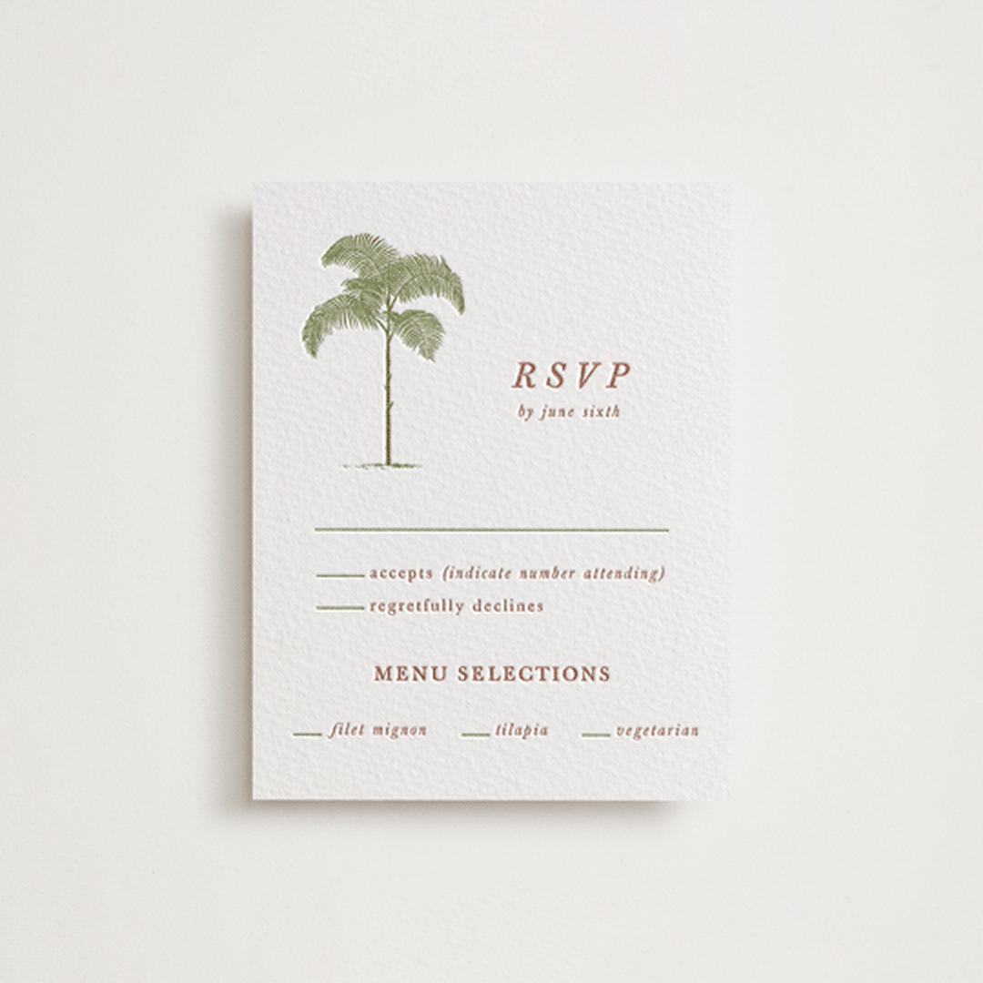 "Palm" - Letterpress RSVP Cards in Pistachio by Melinda Denison - Front