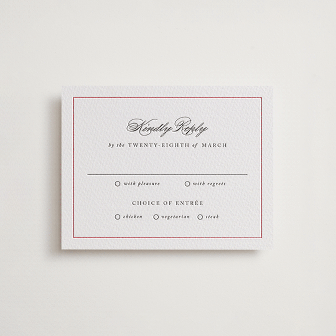 "Steeped in Tradition" - Letterpress RSVP Cards in Scarlet by Design Lotus - Front