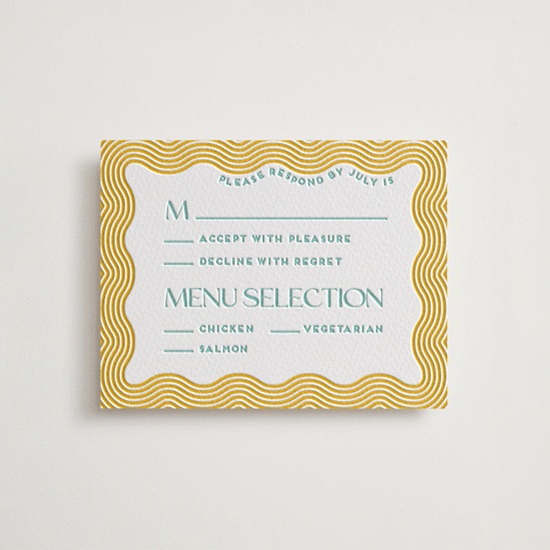 "Good Vibes" - Letterpress RSVP Cards in Seafoam by Claudia Orengo - Front