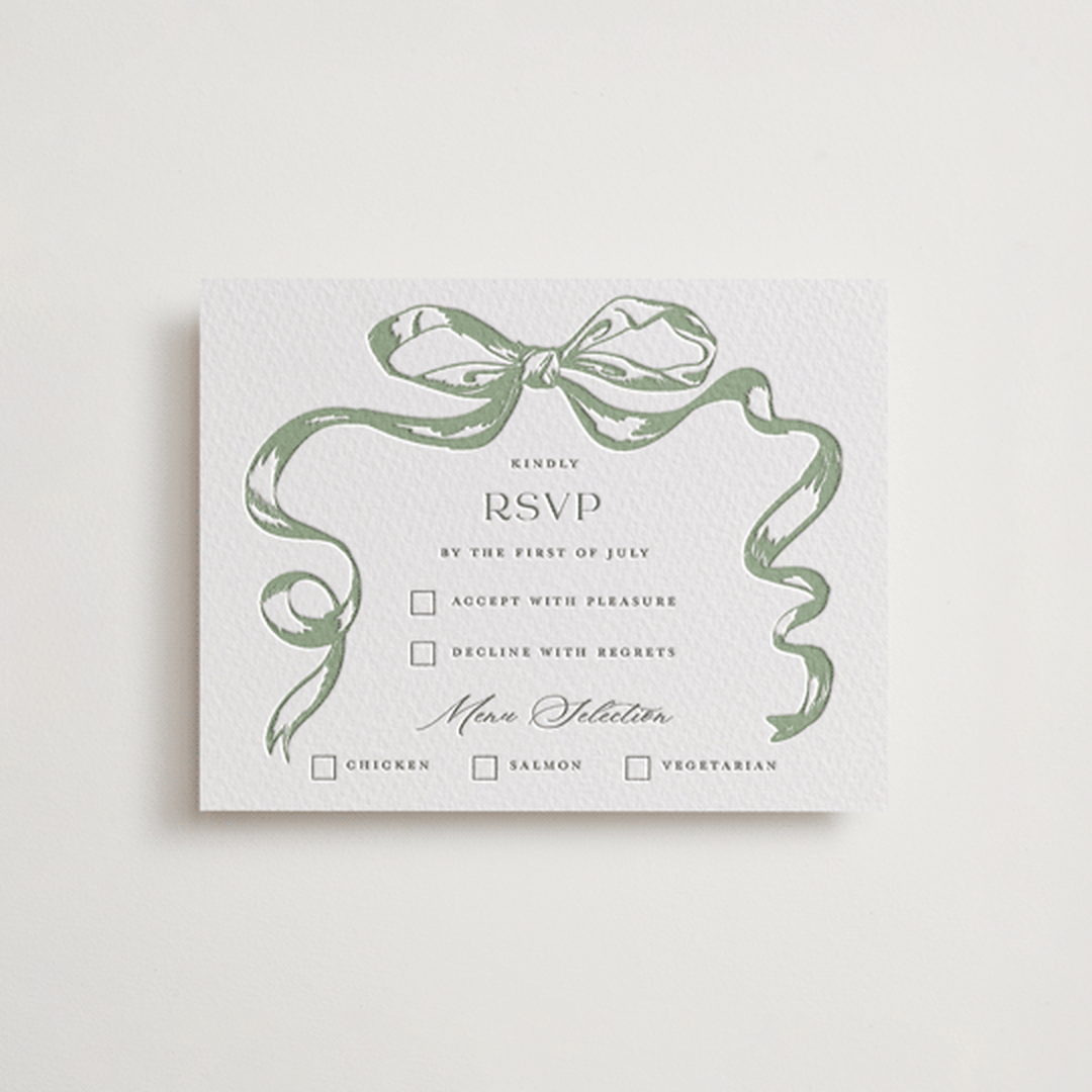 "Big Bow" - Letterpress RSVP Cards in Mint by Teju Reval - Front