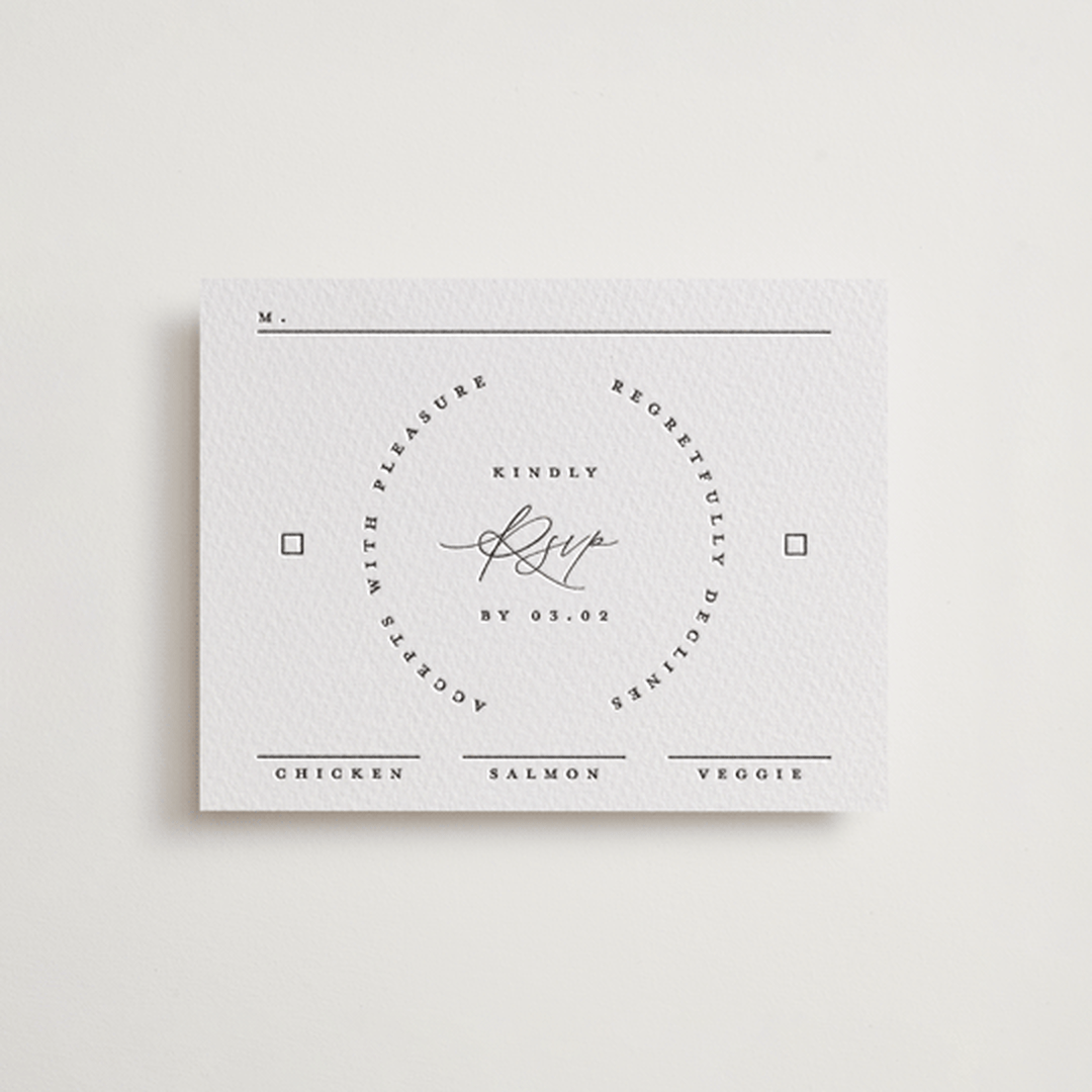 "Paradox" - Letterpress RSVP Cards in Soft Black by Gwen Bedat - Front