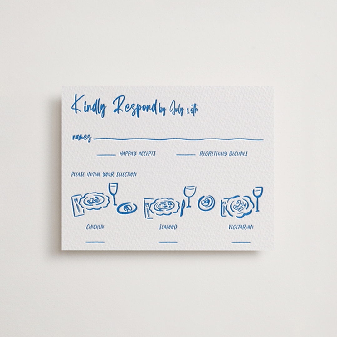 "Sketched Crest" - Letterpress RSVP Cards in Sapphire by Jenna Holcomb - Front