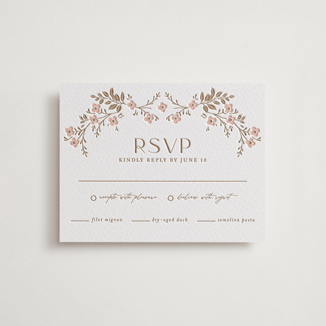 "Wildflower Garland" - Letterpress RSVP Cards in Matte Gold by Susan Zinader - Front