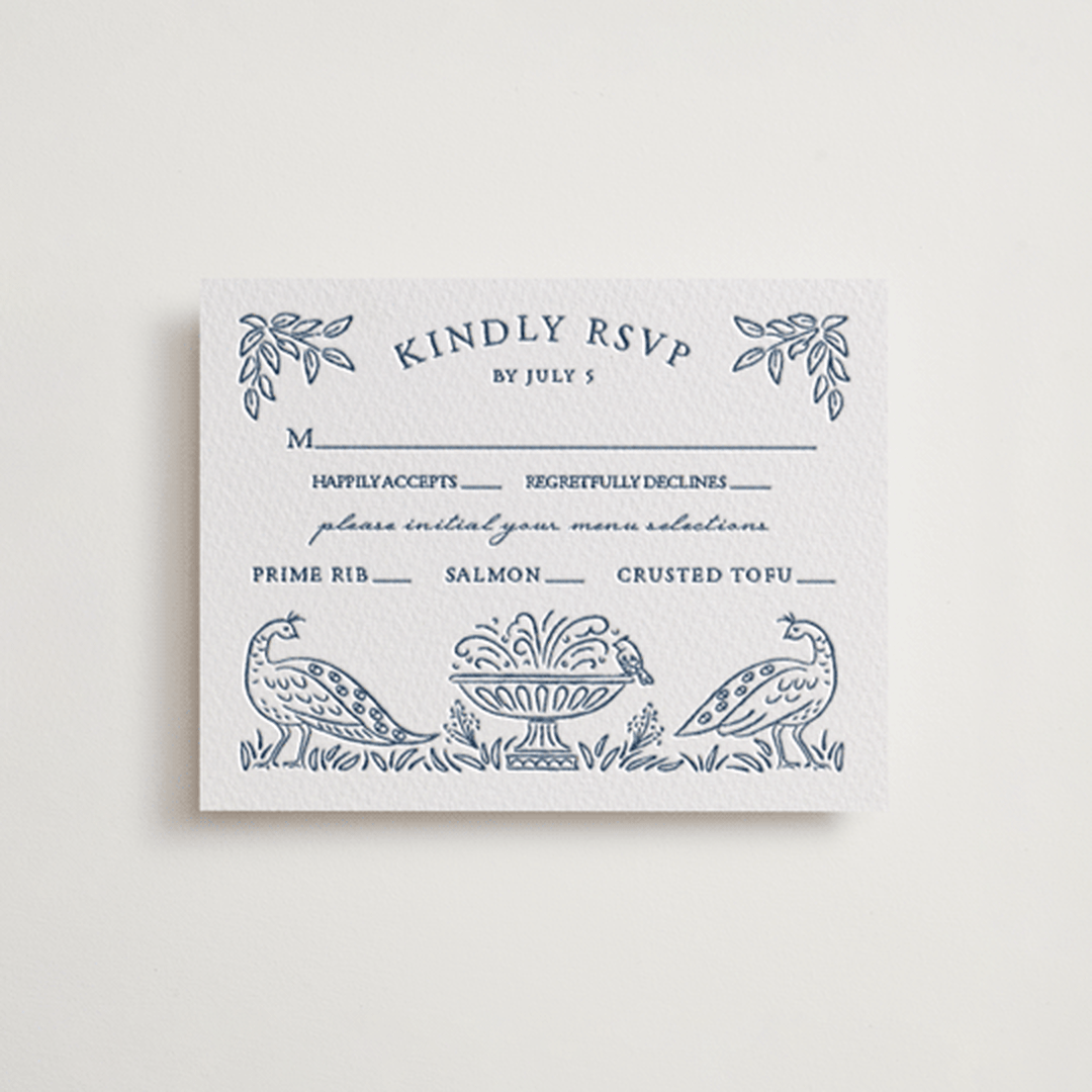 "Whimsical Woodland" - Letterpress RSVP Cards in Indigo by Paper Sun Studio - Front