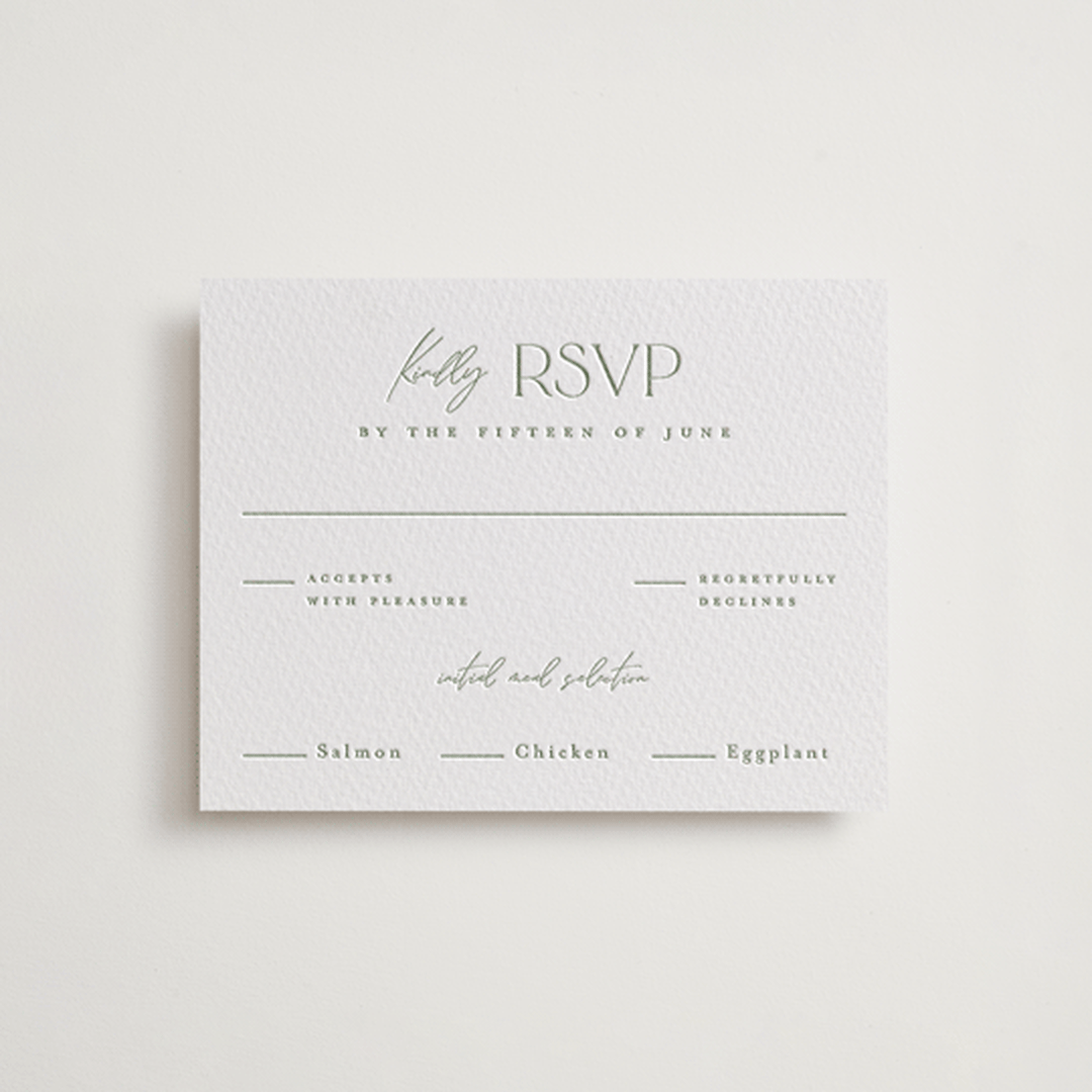 "Vineyard Vows" - Letterpress RSVP Cards in Mint by Pink House Press - Front