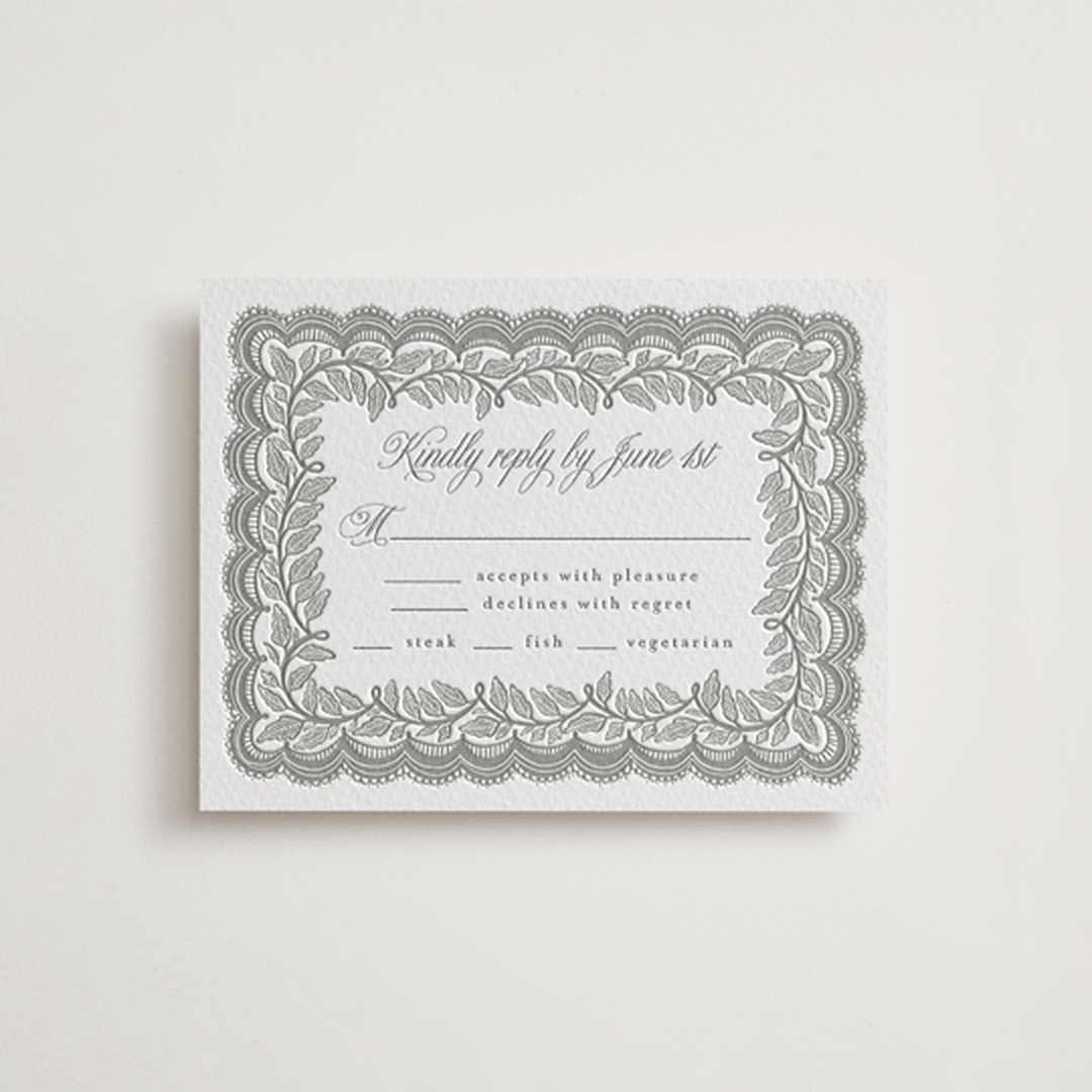 "Bridal Veil" - Letterpress RSVP Cards in Gravel by Katharine Watson - Front