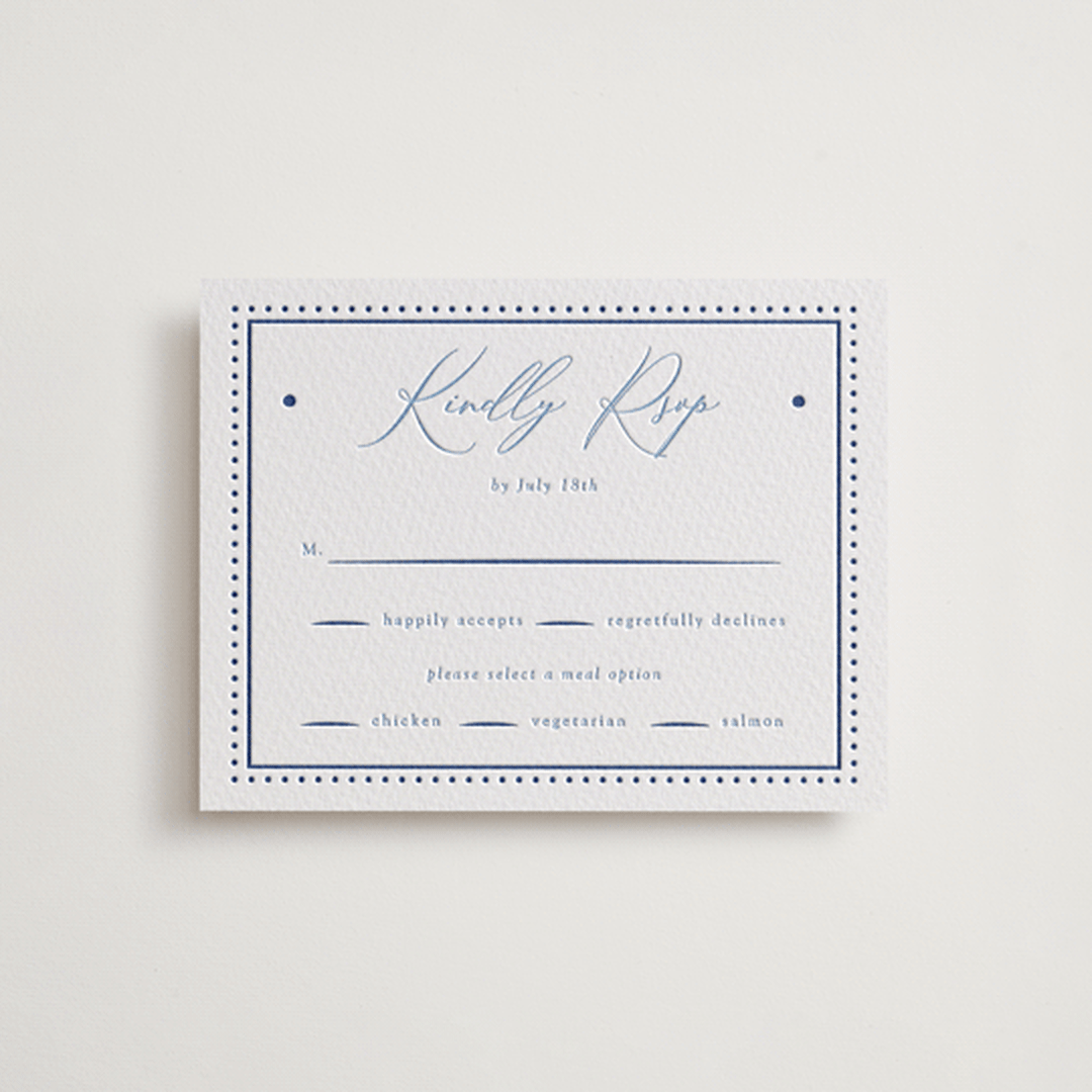 "Porcelain Garden" - Letterpress RSVP Cards in Lapis by Corinne Malesic - Front