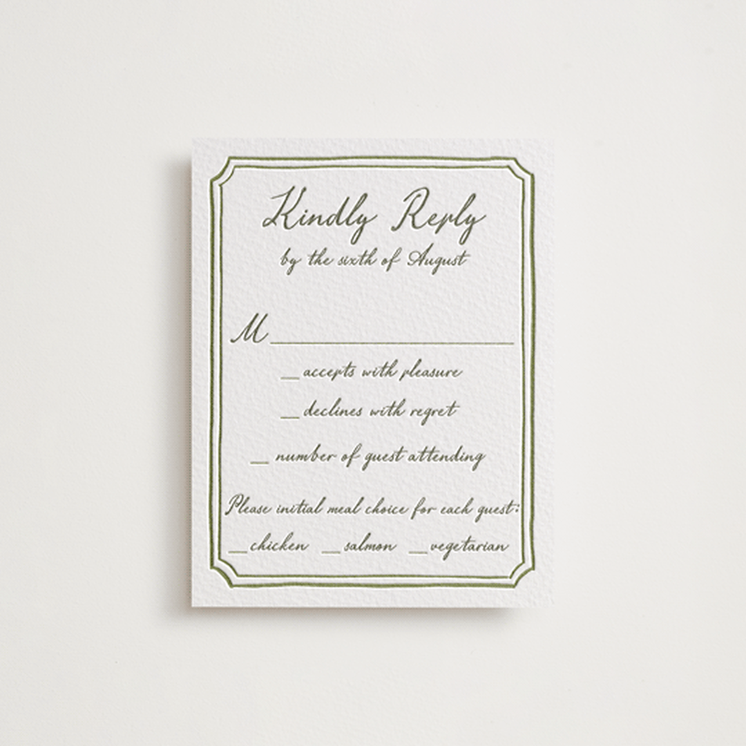 "Handwritten" - Letterpress RSVP Cards in Moss by Cass Loh - Front