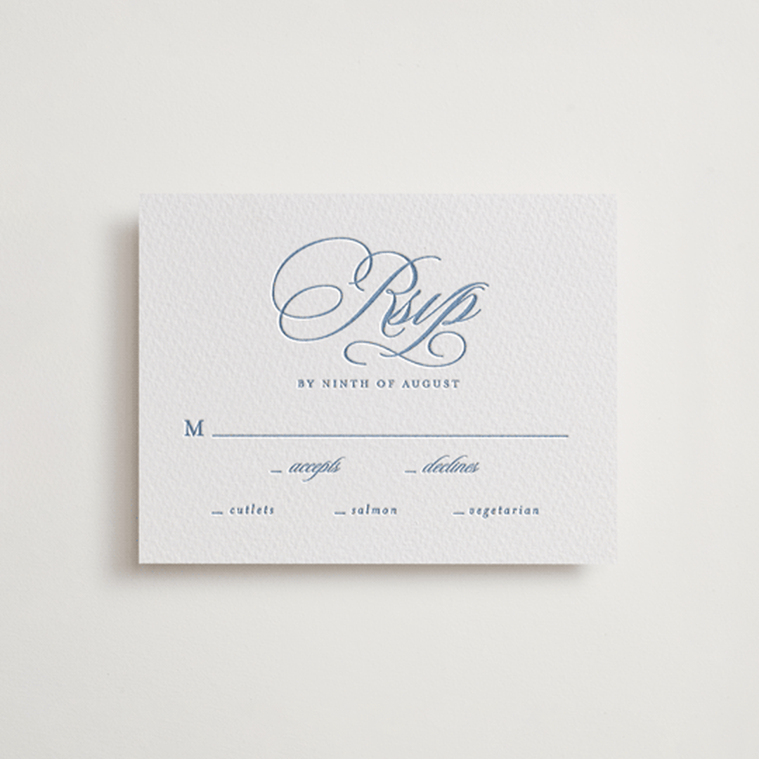 "Aristocratic" - Letterpress RSVP Cards in Provincial Blue by Creo Study - Front